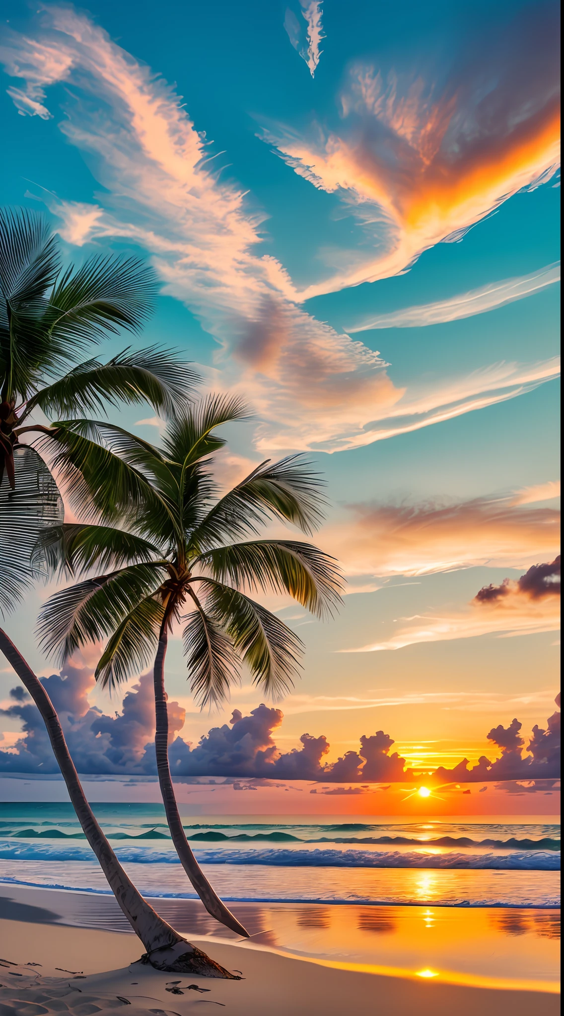 Create a 4K 9:16 image that depicts a stunning sunrise on a tropical beach, with gentle waves and palm trees along the coast. The color palette should be vibrant and convey a sense of renewal and positive energy. --auto --s2