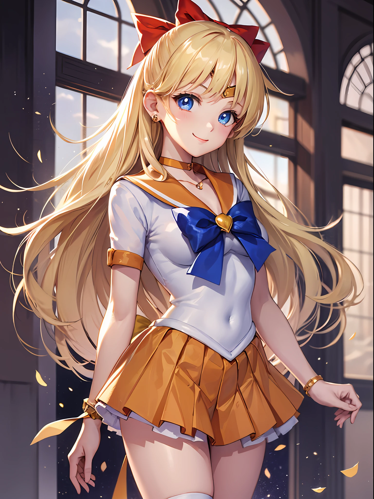 ​masterpiece, beste-Qualit, Hi-Res, venus1, 1girl in, 独奏, low angles,Sailor Senshi Uniform, sailorvenus, Minako Aino, blonde  hair, magical  girl, blue eyess, Panchira, Orange skirt,elbowgloves, tiarra, pleatedskirt, Hair Ribbon, orangesailorcollar, mini-skirts, a choker, Gold Chain, orangechoker, white glove, verylonghair, jewely, Cowboy Shot, 耳Nipple Ring,  a smile,