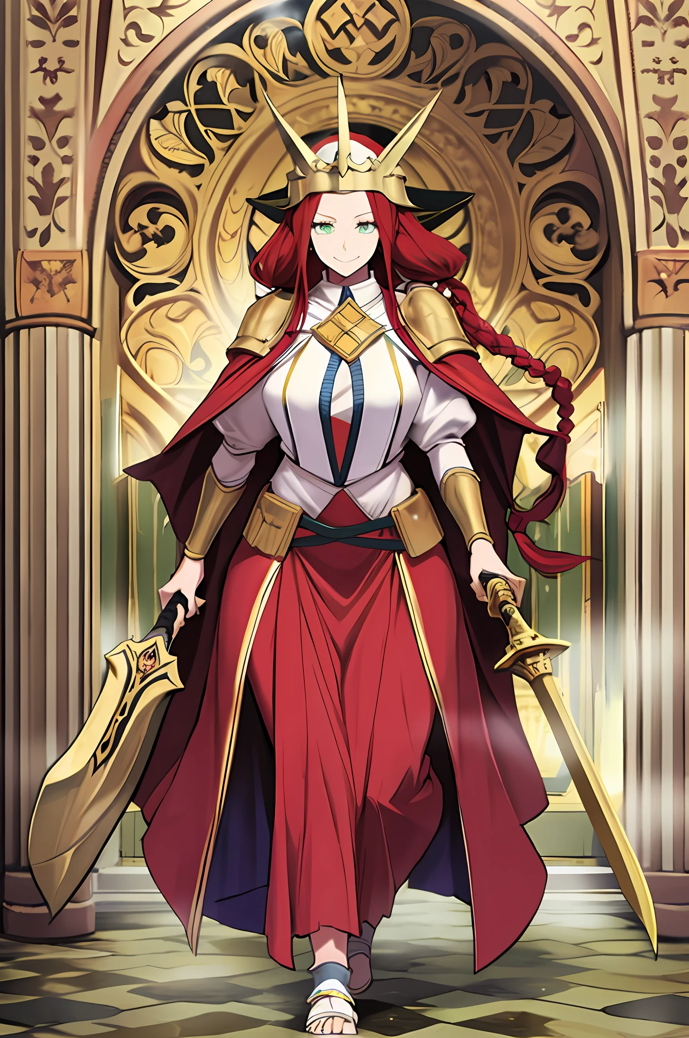 tsubaki yayoioi , blazblue, red hair, green eyes, long hair, tall female, warrior, sword, medieval, twin braids, priestess, holy, holy helmet, medium breasts, yellow cape, stylised helmet, light smile, full body, gold,european cloths, medieval , england, full body, christian, walking, solo focus, holding weapon, long skirt