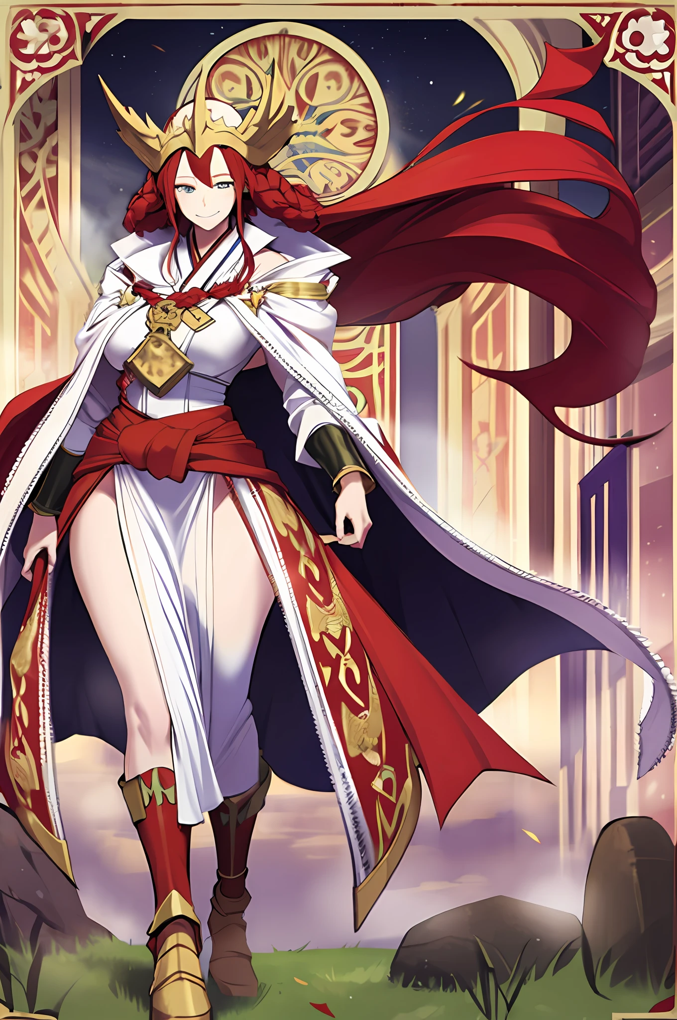 tsubaki yayoioi , blazblue, red hair, green eyes, long hair, tall female, warrior, sword, medieval, twin braids, priestess, holy, holy helmet, medium breasts, yellow cape, stylised helmet, light smile, full body, gold,european cloths, medieval , england, full body, christian, walking, solo focus, holding weapon, long skirt