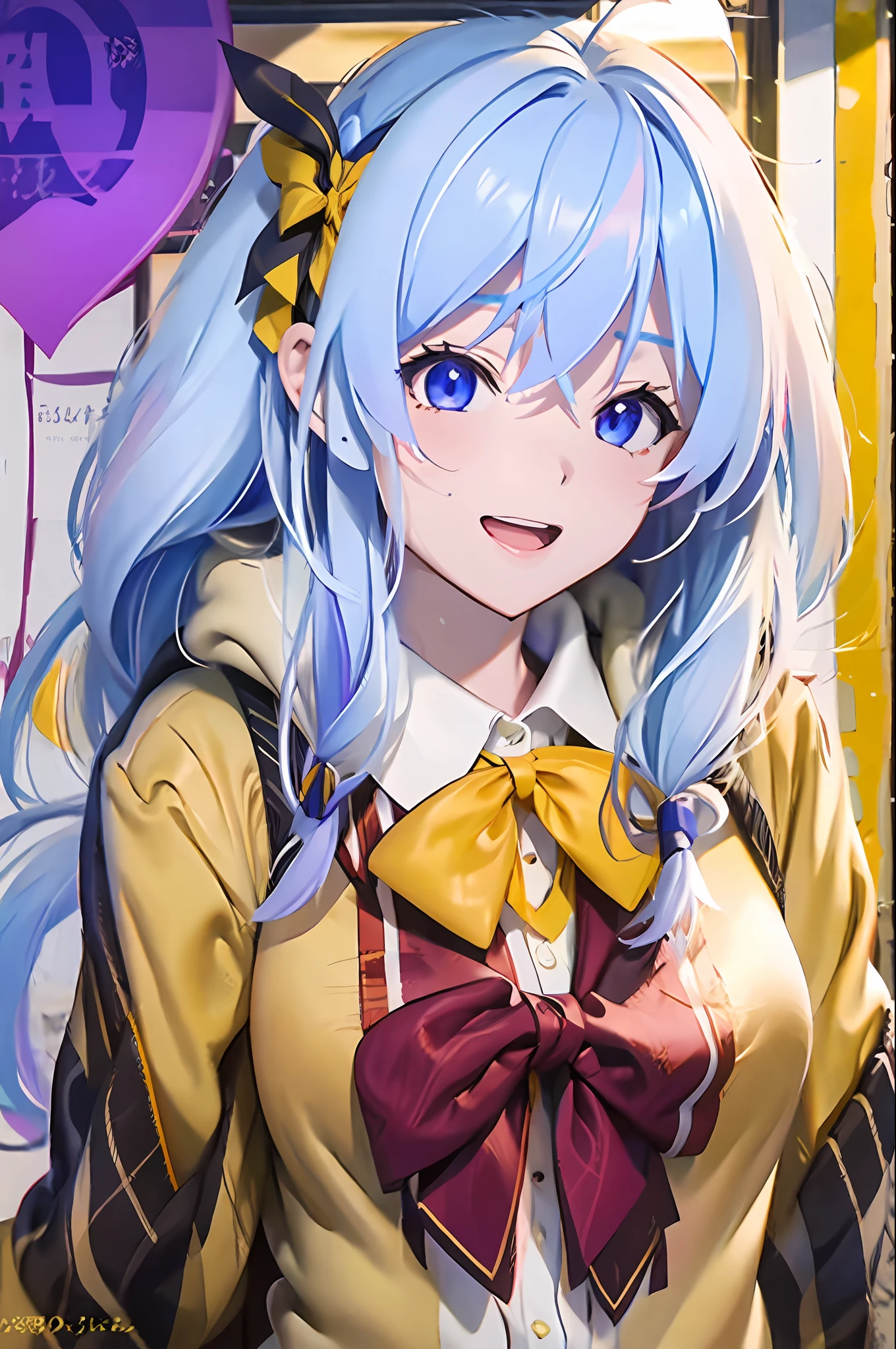 ph elaina, Eoutfit4, ph elaina (Majo no tabitabi), (巨作:1.6, Best quality), (fine detailed beautiful eyes: 1.2), 1girlhugebreasts, solo, Long hair, ahoge, Blue eyes, White shirt, bow, Braid, Collared shirt, hair between eye, bangs, Sweat, anime coloring, drops of sweat, ribbon, White hair, Upper teeth only, Hair bow, teeth, Neck ribbon, Pink bow, yellow ribbon, sama, Hood, yellow bow, mimic, Open clothes, Purple eyes, hair tubes, yellow bowtie
,  anime colors,