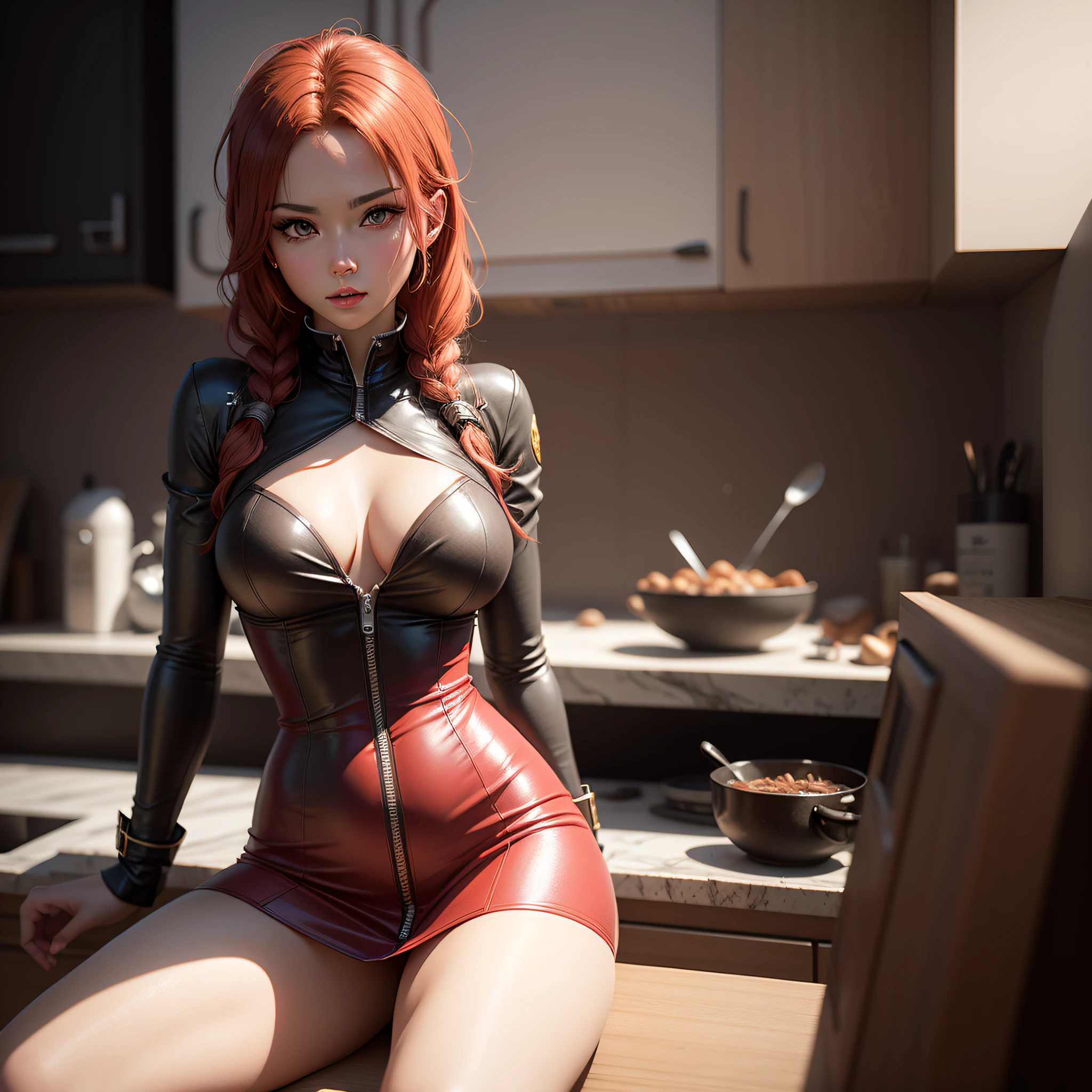 UHD, masterpiece, super detail, high details, high quality, best quality, highres, 4K, anime - style woman in red leather dress sitting on counter in kitchen, photorealistic anime girl render, realistic anime 3 d style, 3 d anime realistic, katarina from league of legends, seductive anime girl, 3 d render character art 8 k, trending on cgstation, cinematic bust shot, hyper realistic anime, realistic fantasy render, photorealistic perfect body, photorealistic anime one piece