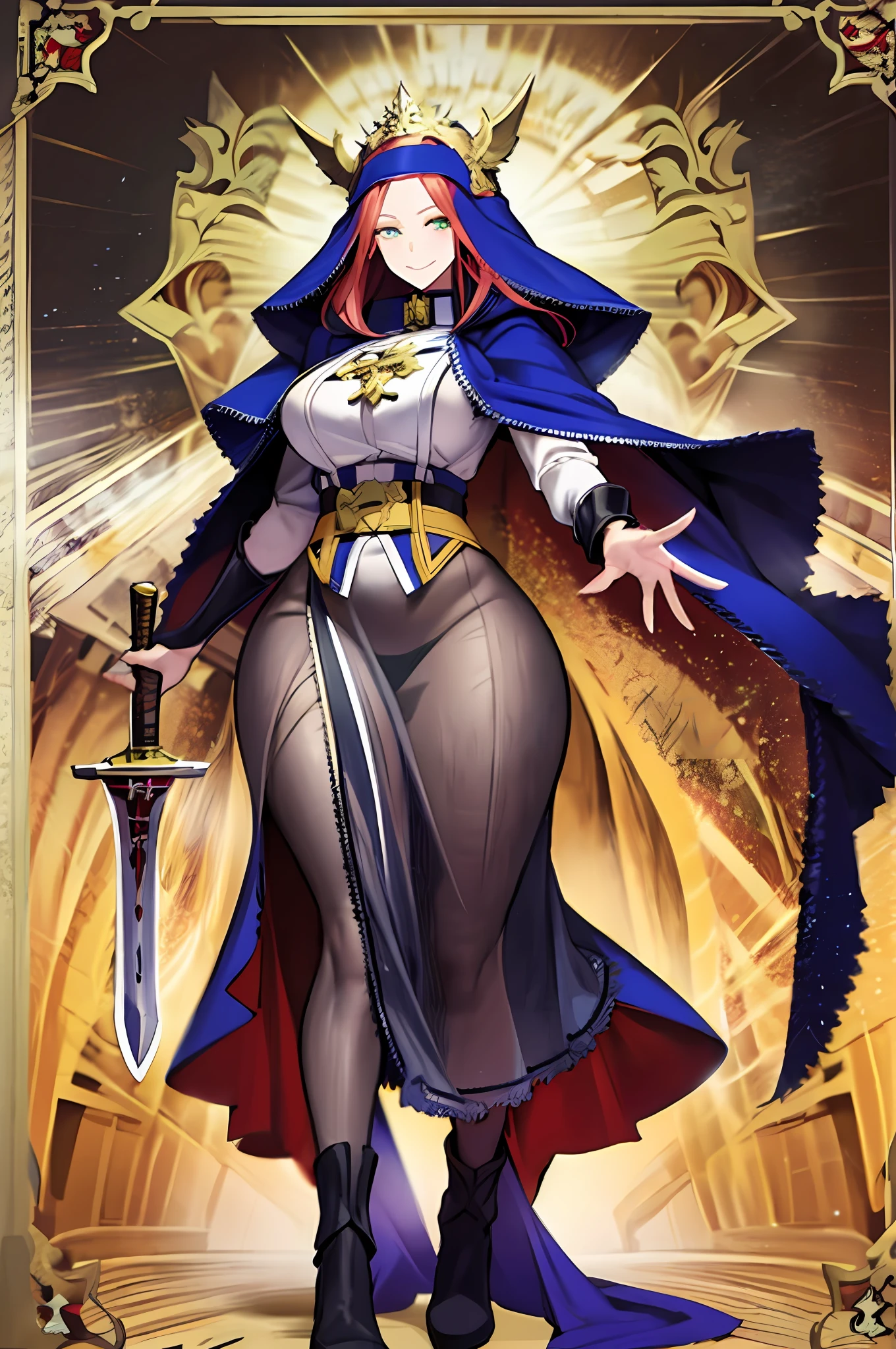 tsubaki yayoioi , blazblue, red hair, green eyes, long hair, tall female, warrior, sword, medieval, twin braids, priestess, holy, holy helmet, medium breasts, yellow cape, stylised helmet, light smile, full body, gold,european cloths, medieval , england, full body, christian, walking, solo focus, holding weapon, long skirt