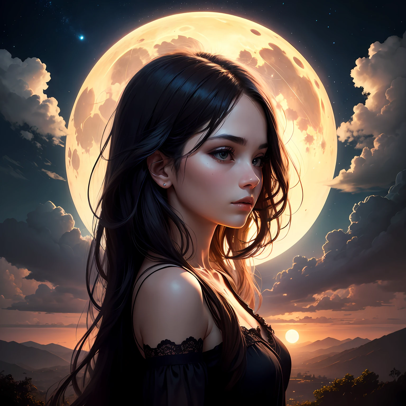 Masterpiece, best quality, night, hills, clouds, full moon, long hair, woman, silhouette, firefly. --auto