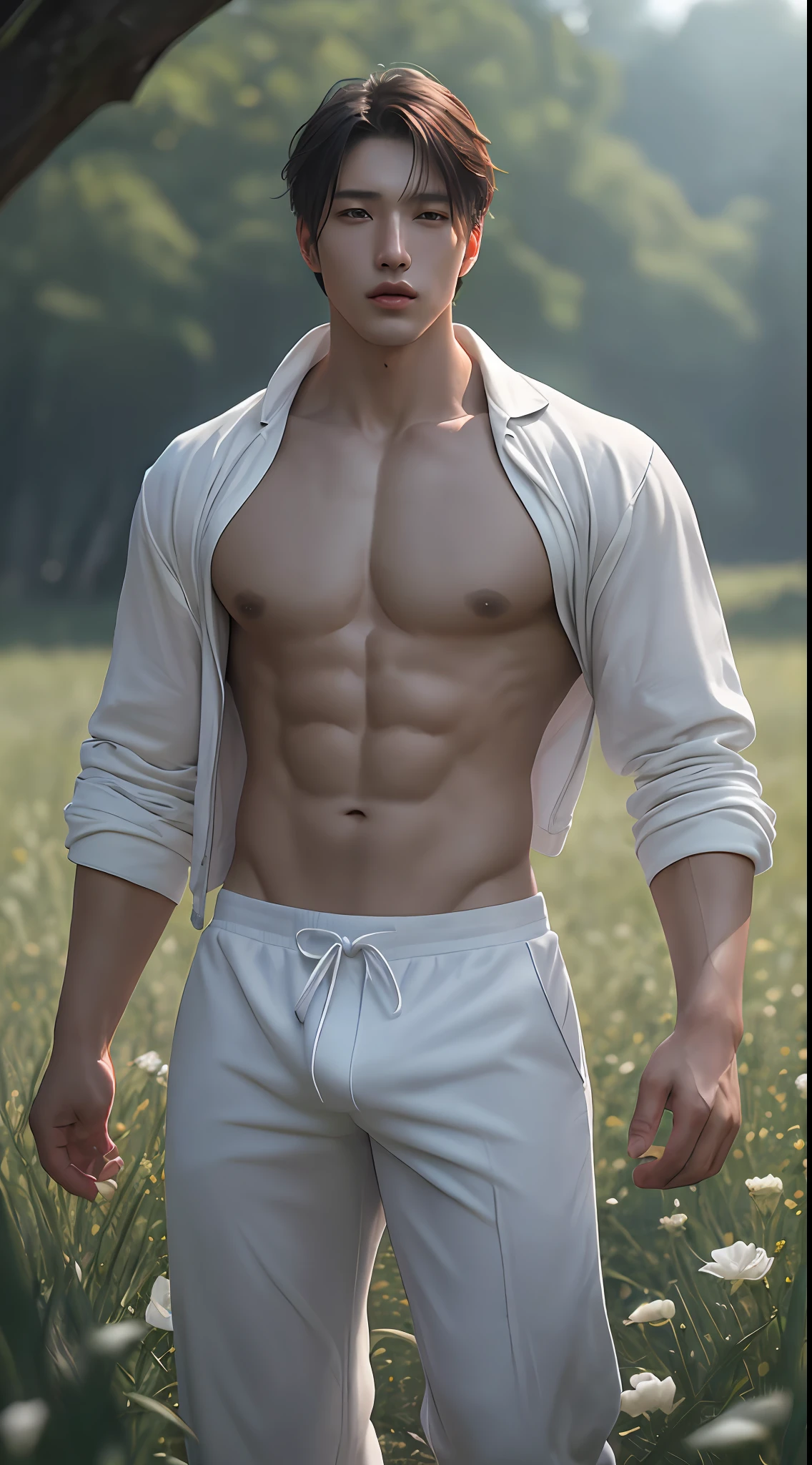 1Man, ((male model )) heaty skin, masterpiece, best quality, most handsome man in the world, by Shen Quan, prefect body, beautiful male model, an attractive man 18-24 years old aesthetic, at spring flower booming, green fields, spring, plains, trees, flower, blue sky, ruggedly handsome young man wearing a white pajamas, white jockstrap ,white cloth, shirtless Jacket over shoulder, (Male Focus), ((smooth body)), super cute, dynamic pose, cool and seductive, dramatic lighting, full body shot, full body shot, youthful face, full body, body without hair, thin and tall, fit body, dominant, Caucasian or white skin, youthful face, firm body, high definition, natural flesh tones, soft light, highly detailed, looking at viewer, photography, detailed skin, real person, realistic, photo-realistic, insanely detailed, face detail, hype maximalist, hype hyperrealism, cinematic, telephoto, lighting intricate details, highly detailed, highly detailed, digital painting, artstation, concept art, smooth, sharp focus, illustration, Unreal Engine 5, 8K, art by Ross Tran and greg rutkowski and alphonse Mucha, UHD, 8k, show only male.8k uhd, dslr, dim lighting, high quality, film grain, Fujifilm XT3, male only fan,2 mans, pair model.