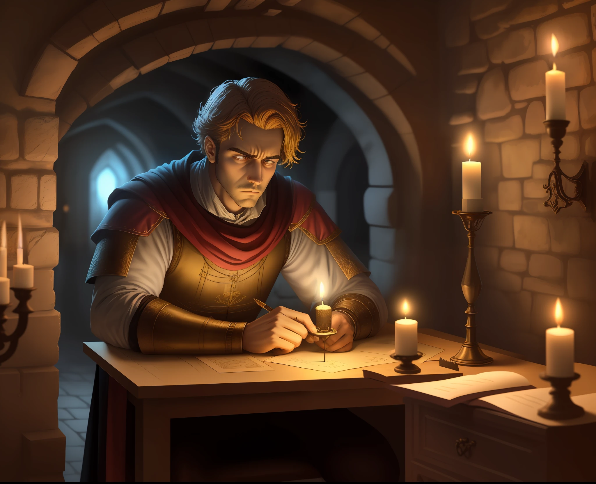 Homem triste e decadente escrevendo uma carta no quarto, casa em estilo medieval, noite a luz de velas, maximum detailed, 8k