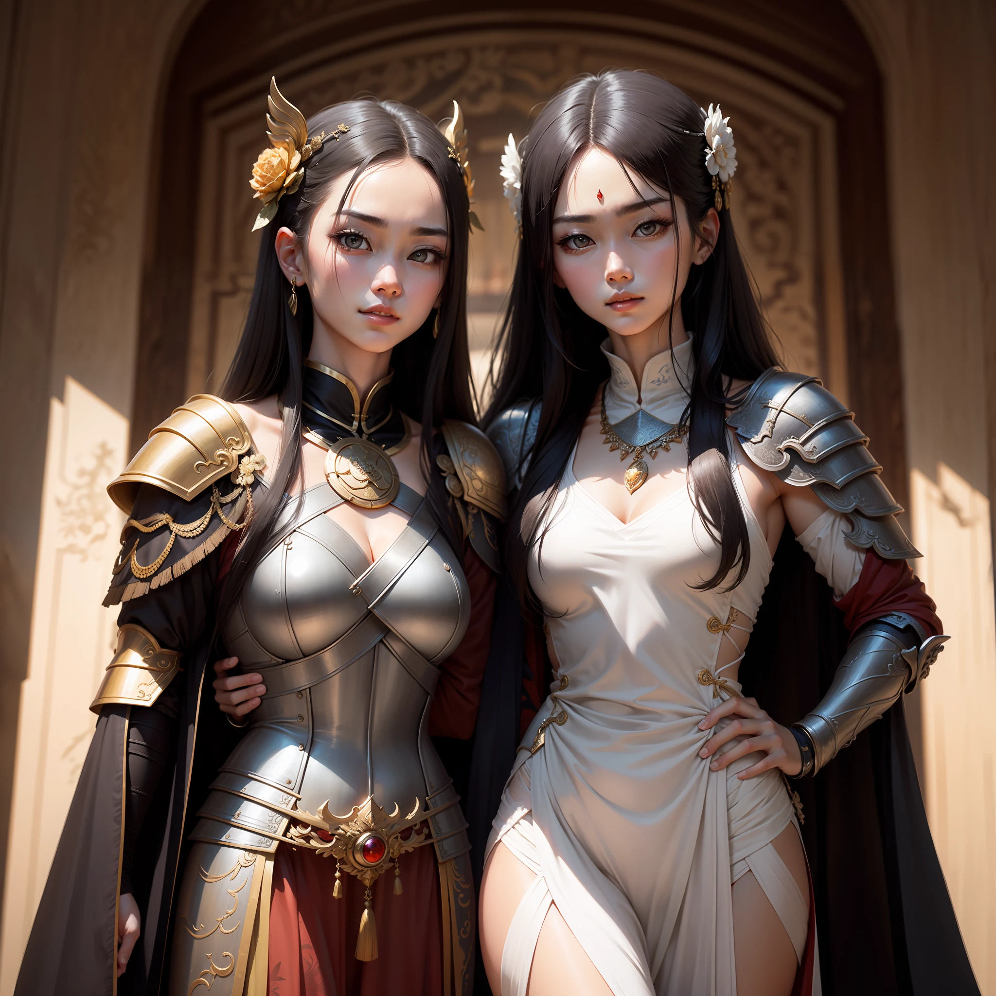 Beautiful and mighty young goddess of battle,Long black hair coiled or draped,Bright eyes、Slender brows,Dignified, resolute and self-confident,Wear gorgeous robes or armor,Fight with a sharp sword in hand。