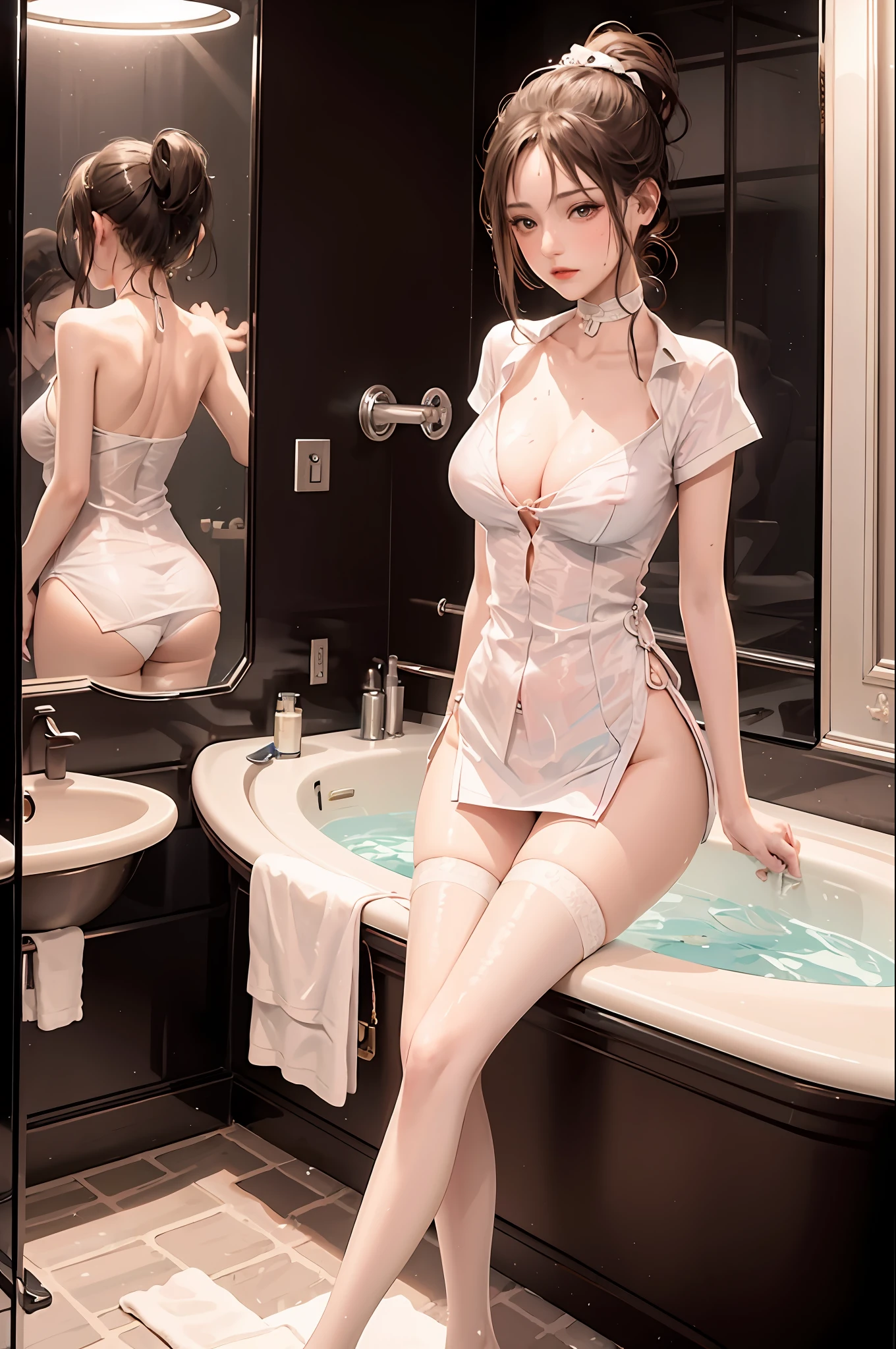 tmasterpiece,top Quority,best quailty,offcial art,Beautiful and aesthetic,A girl with,Bigchest,Only wearing a white shirt,Get wet,Show the whole body,Bathroom bath