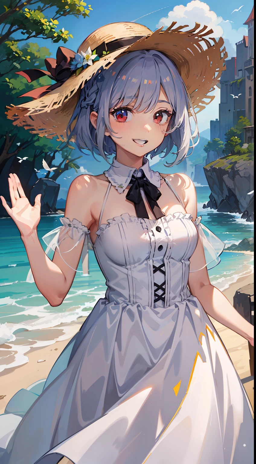 ((Put your hands on your hat)), ((Raise both hands)), 1 Whole body of a girl, elvish, has silver hair, Red Eyes, bob cuts, Braided hair, summer dress, White dress, long skirt, frilld, a straw fedora hat, Laughing, A smile, sea side, concept-art, beautiful anime scene, Beautiful anime scenery, beste-Qualit, masterpiece