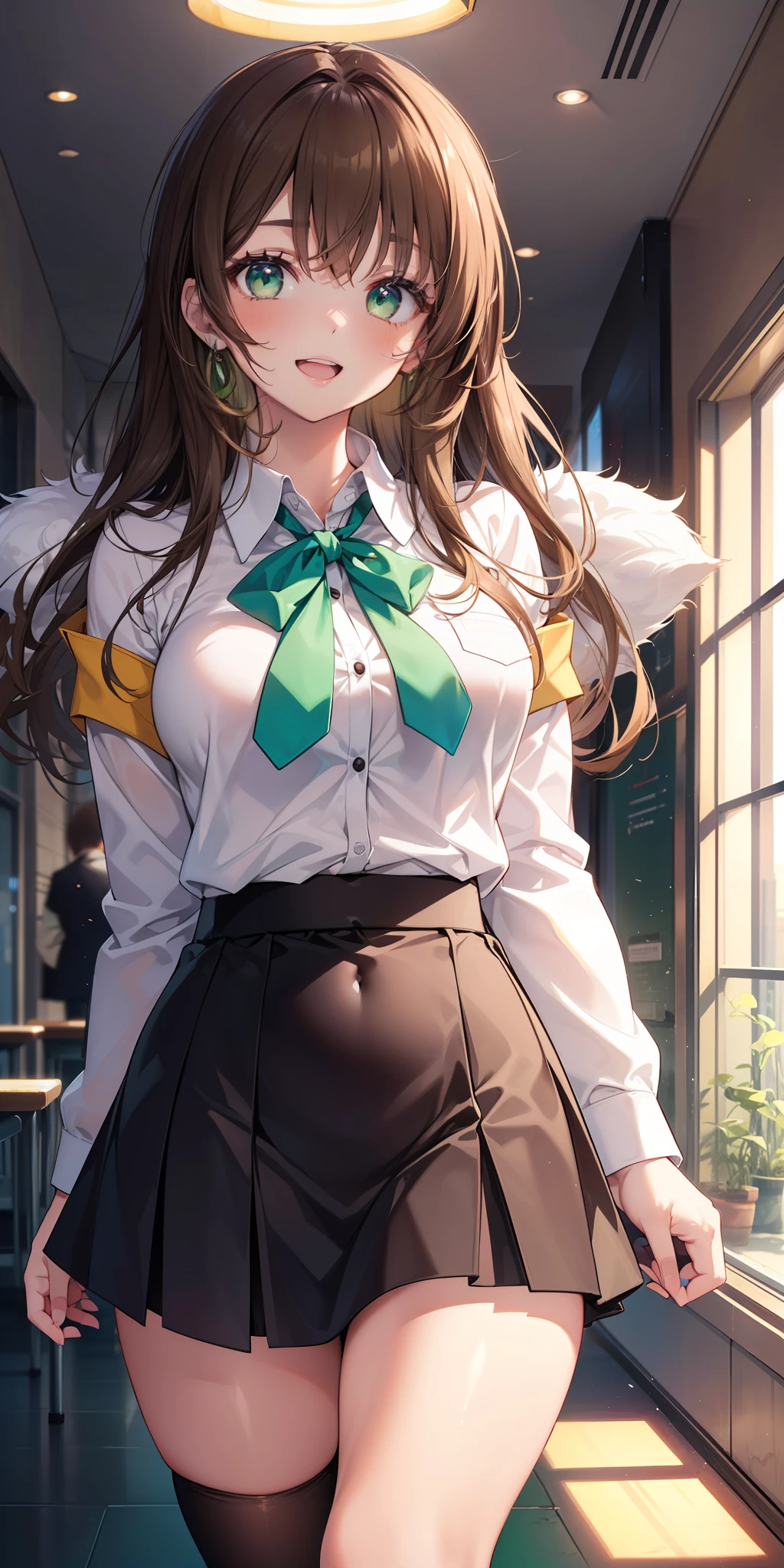 ((masterpiece)), ((best quality)), ((anime profile style)), ((HD 4k |)), ((female character)), ((High school girl)), (( Beautiful body)) , girl, female face, Happy, smiling, open mouth, teeth showing, manicured lips, ((tanned skin)), brunette, ((Light green eyes)), Eyelid, Pupil, Sclera, Iris, eyebrow , eyelashes, ear, nose, ((fur)), ((long brown hair)), ((hairlights effect)), (long-sleeved shirt), (blouse on top), (a school jacket), (skirt short), (tights), school shoes, ((light effect on clothing)), ((light effect on body)), neck, Shoulders, (thin waist), ((perfect belly)), arms, ((thick legs)), ((big thigh)), Backstory, ((walking)), details in environment, surrounding objects, ((lighting)), viewer's view