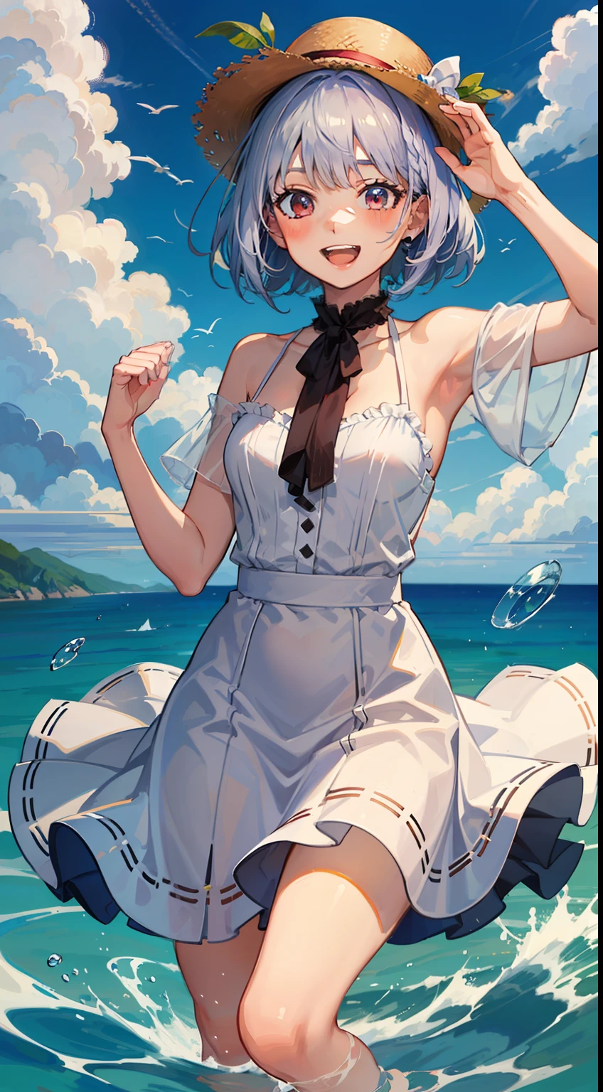 ((Put your hands on your hat)), ((Raise both hands)), 1 Whole body of a girl, elvish, has silver hair, Red Eyes, bob cuts, Braided hair, summer  dress, White dress, long  skirt, frilld, a straw fedora hat, Laughing, A smile, sea side, concept-art, beautiful anime scene, Beautiful anime scenery, beste-Qualit, ​masterpiece