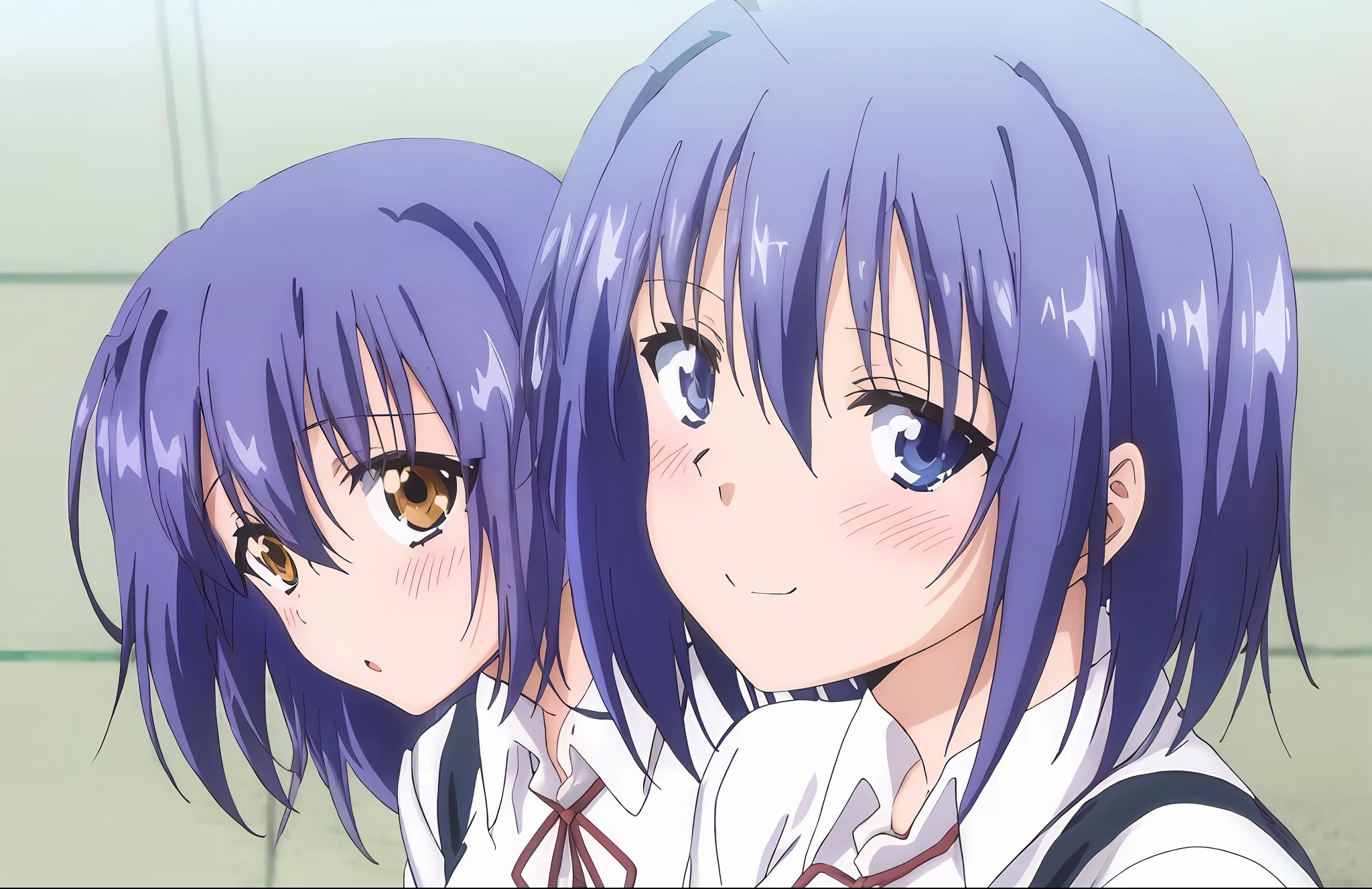 anime image of two girls with blue hair and purple hair, close up iwakura lain, yuyushiki, close up of iwakura lain, kyoto animation still, clannad, iwakura lain, anime still frame, still from tv anime, a-1 pictures, anime moe art style, tsurime eyes, Today's featured anime stills