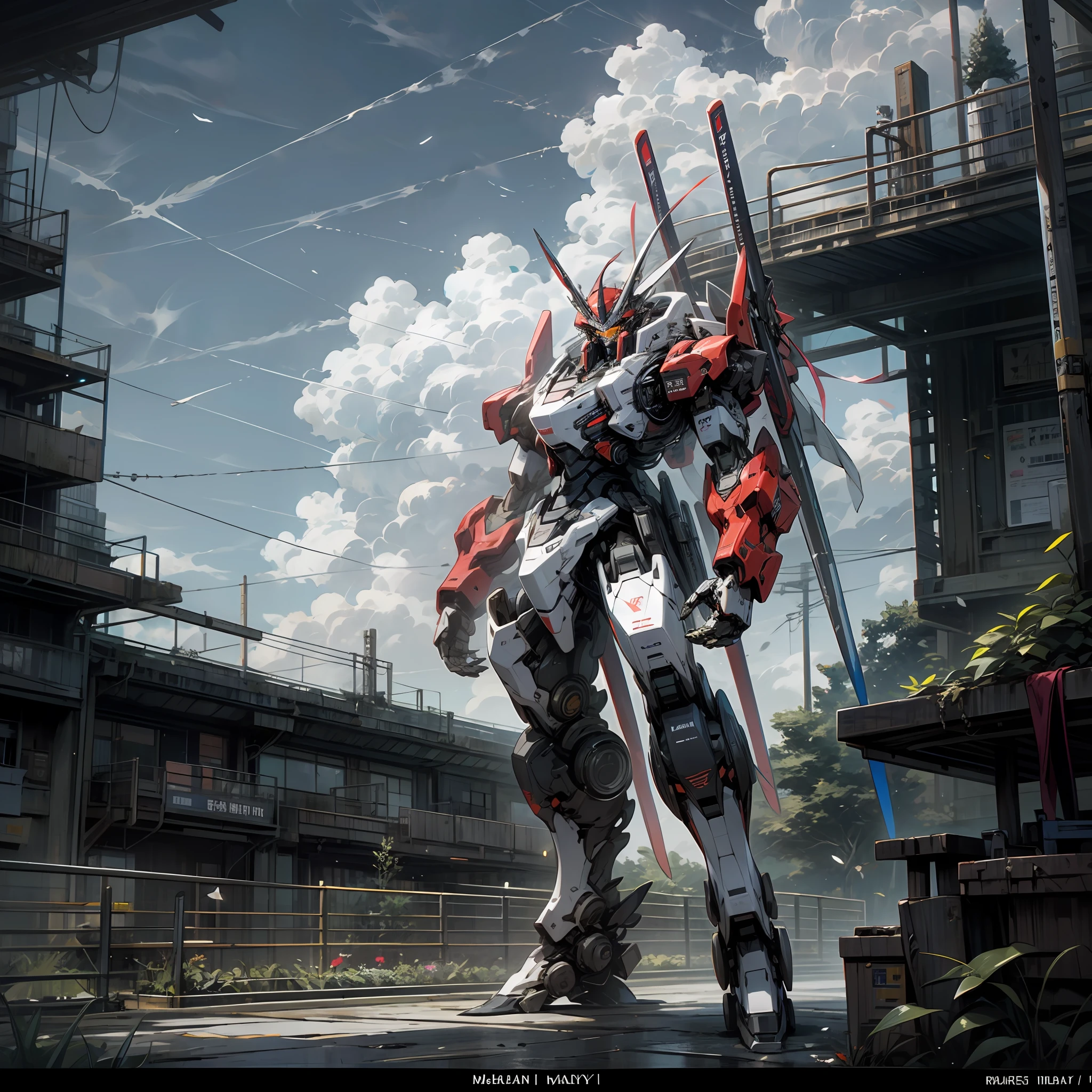 skyward, clouds, holding_weapon, no_humans, with light glowing, robotical, build, glowing_eyes, mechs, science_fiction, garden, Realiy, mechs, Great Harry Masami, Up,New City anime