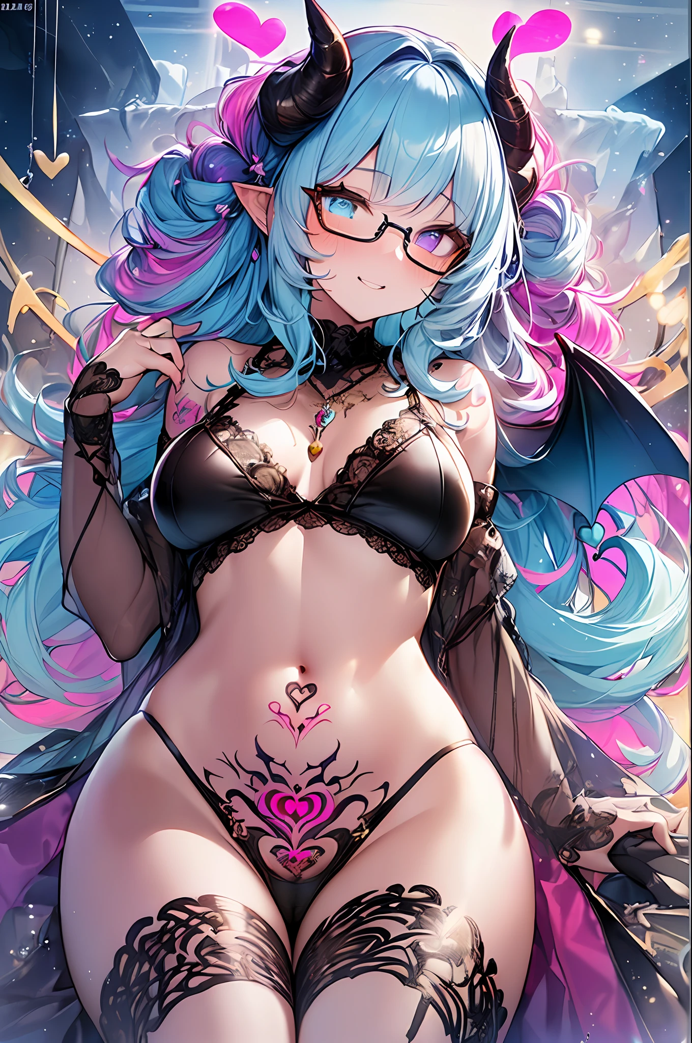 ((masutepiece, of the highest quality, Watercolor art (Pendants), Beautiful and aesthetic: 1.2)), (Golden ratio: 1.2), (Full body: 1.2), (Super Detail: 1.3), (1 girl: 1.3), (Fractal Art: 1.3), (Glitter Pupil)), patterns, (Iridescent hair, Colorful hair, Half light blue and half pink hair: 1.2)), Colorful, Writing, (Heterochromia), (Colorful: 1.5), (((Shy face)), ((比基尼)), (Whole human body), (Hyper-detailing), ((delicate detail)), (intricate-detail), ((Cinematic Light, Highest quality backlight)), High contrast, ((The best lighting, Very delicate and beautiful)), (( Cinematic Light)), (raytraced reflections, Glow), (((glowing aura)), ((Glowing hair)), ((Super Detail)), (8K)), ((a closeup)), ((Brown skin)), (Showering), ((Seductive smile)) ,((high angle full body shot)),(NSFW:1.5),completely,((((Demon Girl, Demon's horns, demon tail, Devil's Wings, Pubic bone_The tattoo, Heart-shaped pupil))))、((Glasses))