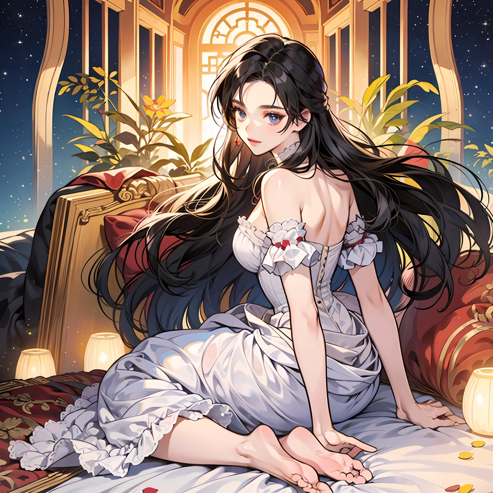 Anime girl in white dress，Long black hair and white shoes，Anime Barbie with white stockings，！！full-body portraits!!,seductive anime girls，full-body xianxia，ECCHI anime style，beautiful and seductive anime woman，NicoRobin，Full body portrait of the clip！，my dress up darling anime，anime full body illustration，Smooth anime CG art barefoot，The soles of the feet can be seen by sticking forward --auto