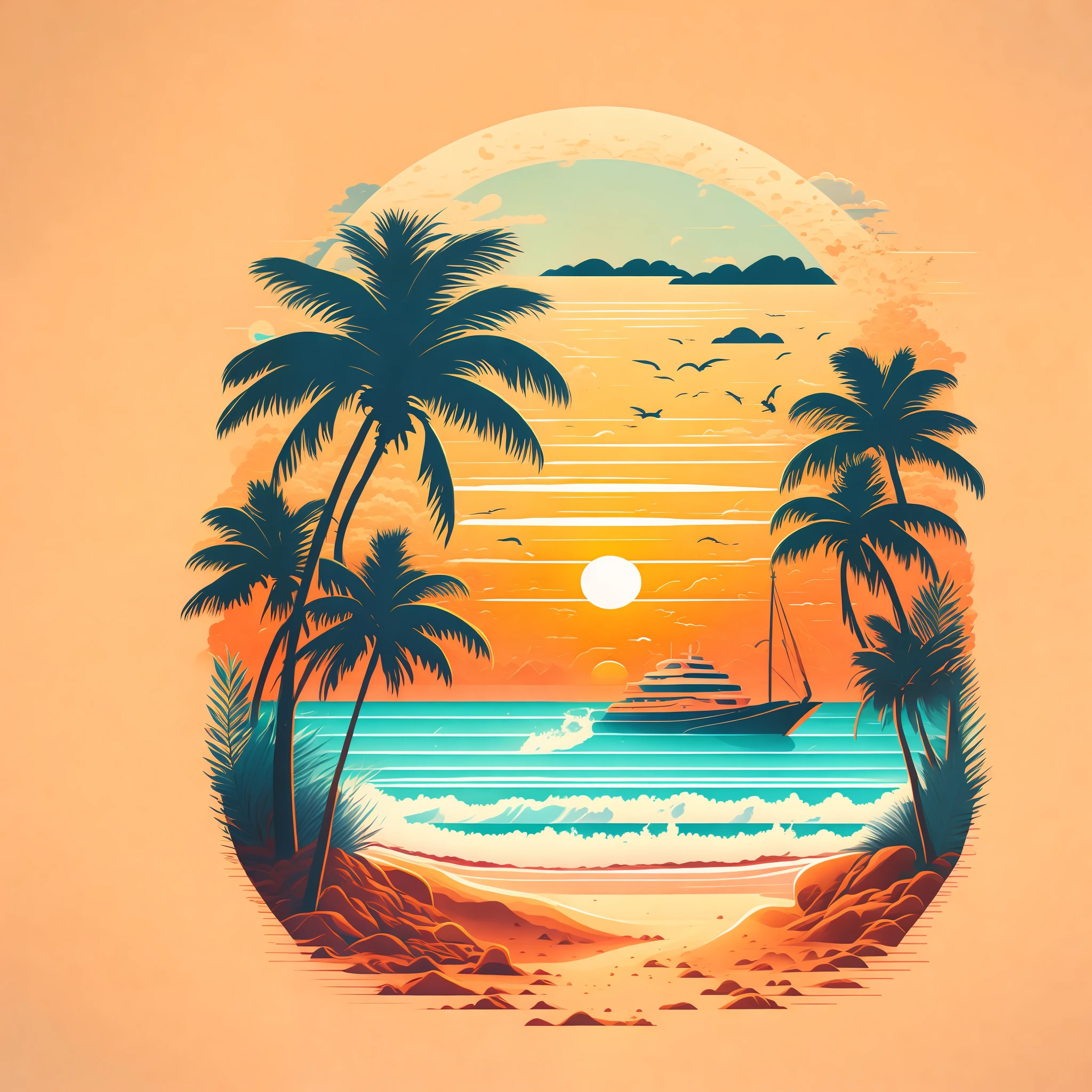 A beach in a summer landscape, T-shirt design, Midjourney, Vector Art