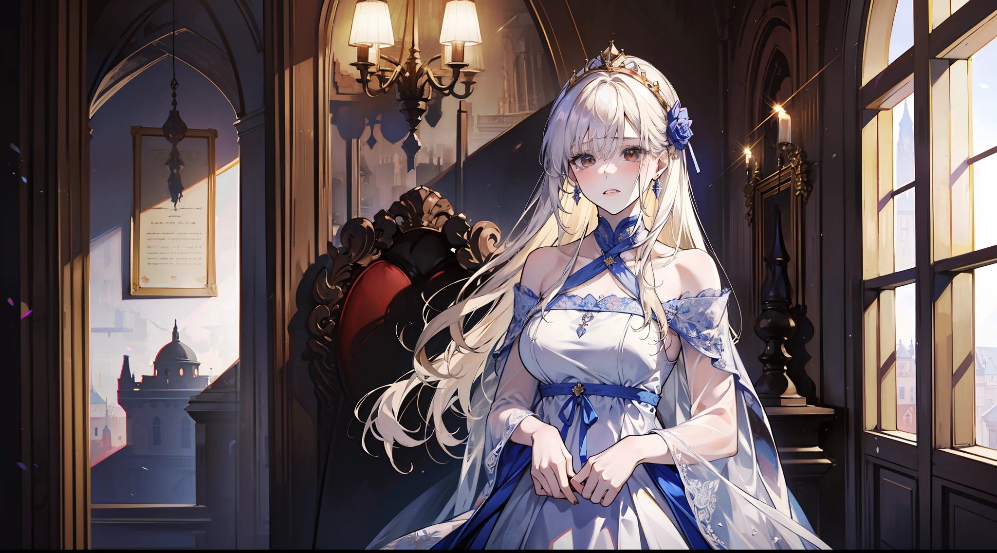 （absurderes，A high resolution），（full room view），full bodyesbian，a woman with，Mature，beatifull，Tall，The queen dresses，Lilac intricate dress，Exquisite，Brown eyes，pale-blonde hair，Wears a silver crown on his head，Tears，magic，Delicate wand，Medieval town，the castle