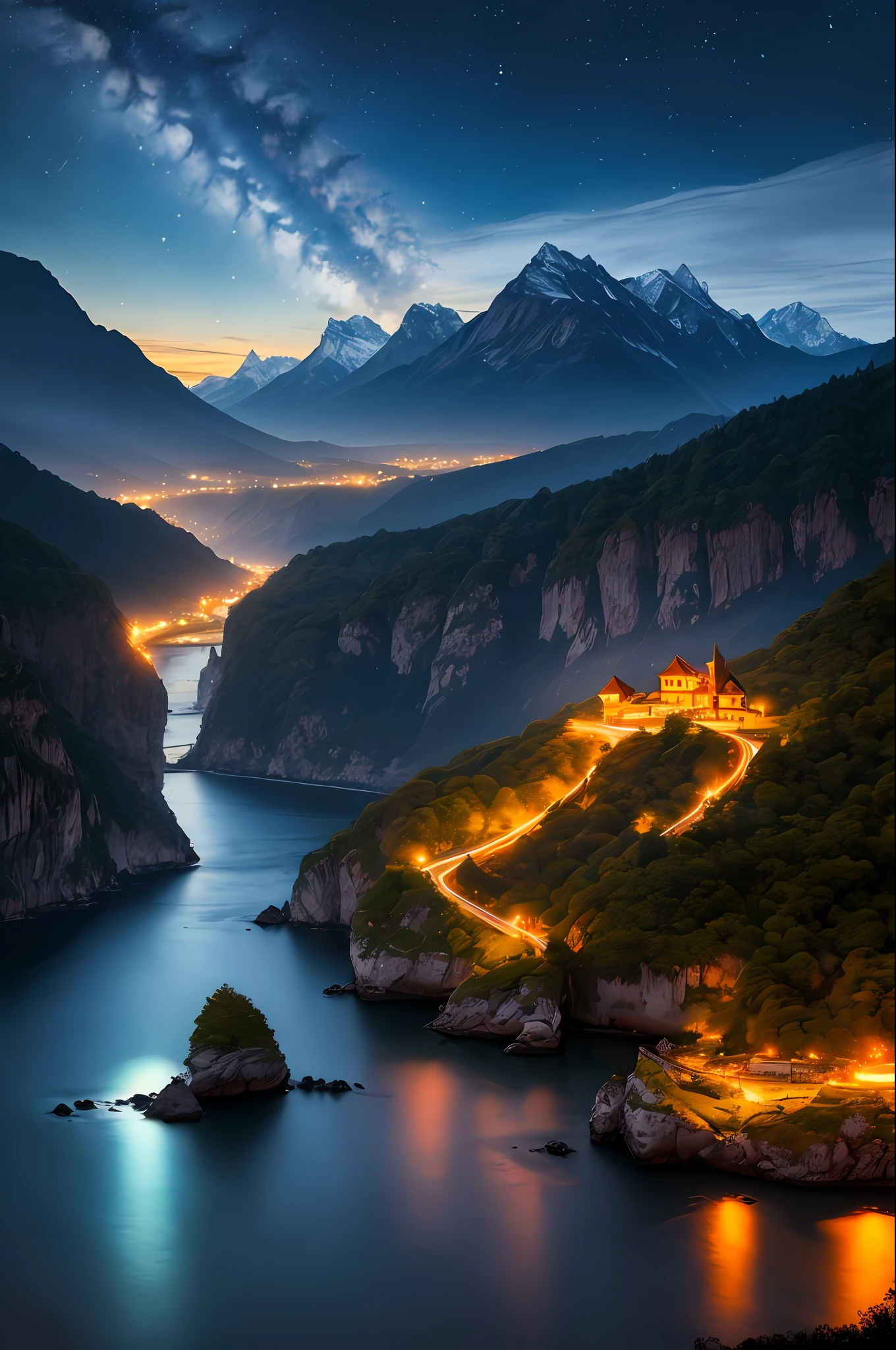 best quality, masterpiece, beautiful wild and natural fantasy landscape with glowing lights