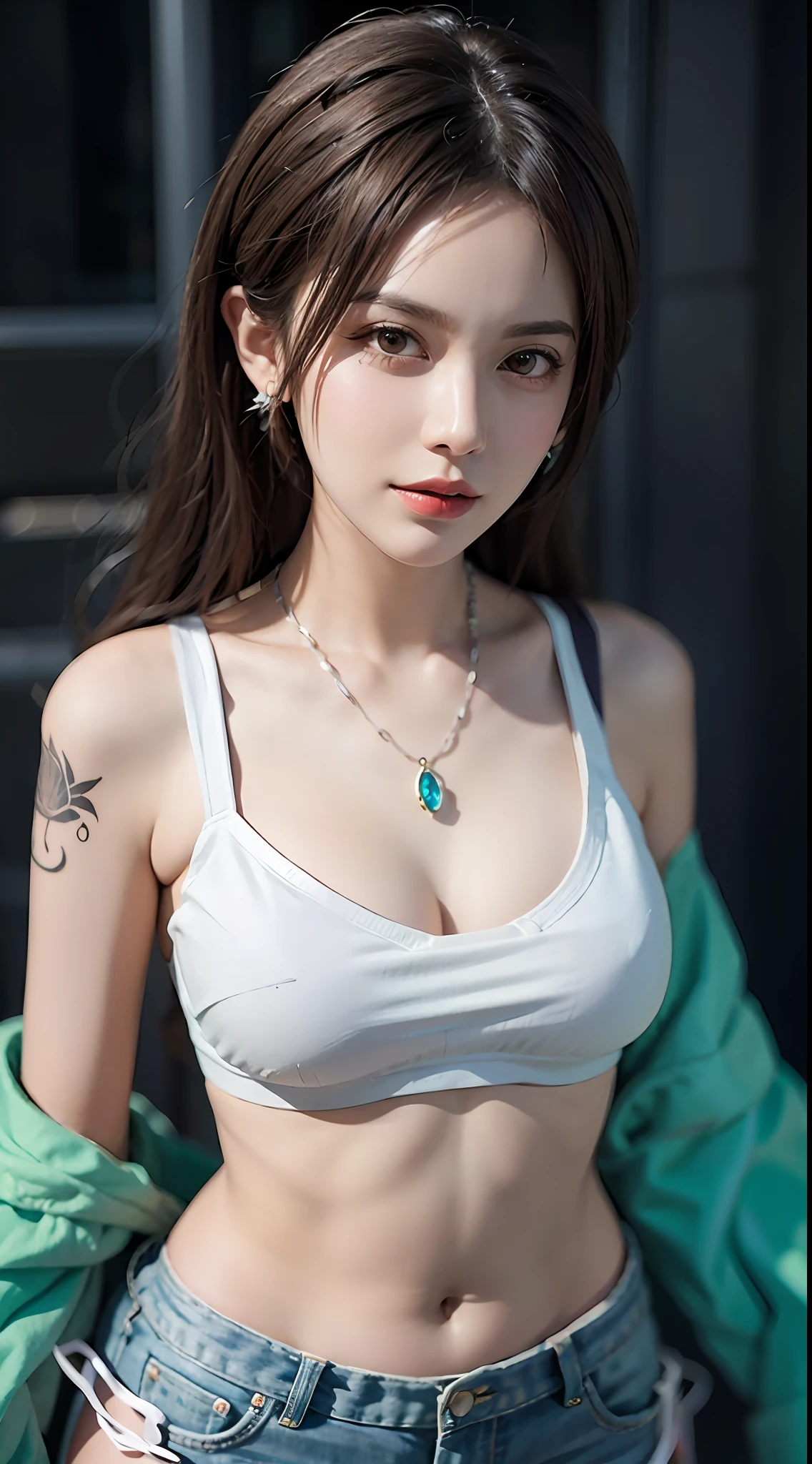 Urban beautiful girl college student, masterpiece, light makeup, red lips, silver hair, messy long hair, street background, beautiful, elegant. Ultra-fine details, master works, real texture, cinematic lighting realism, perfect work, 8k, HD, exquisite facial features, white tight open-cut top, transparent white tight shorts, slim figure, bright big eyes, smooth skin, earrings, necklace, tattoos