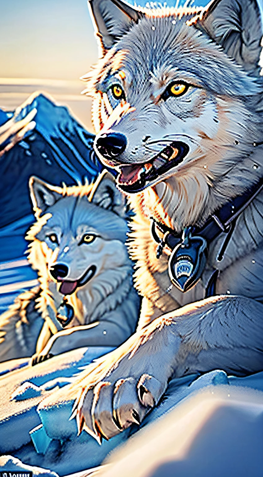 Two packs of arctic wolves，White hair，The eyes are fierce，Tooth grinned，Strong，The background is the Arctic、ice field，Extremely cold weather，Long-range shots，natta