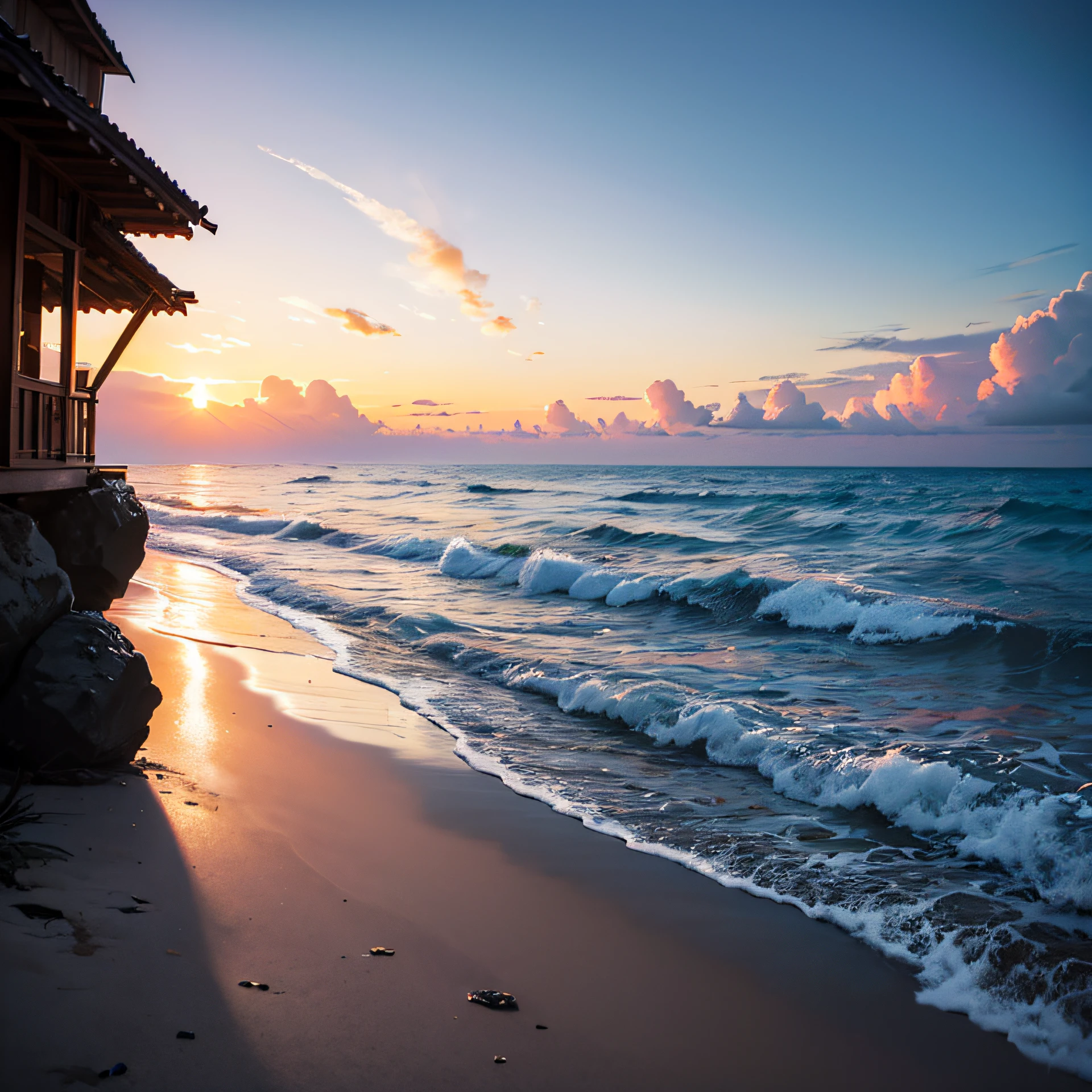 Amanecer en una bella playa tropical con luces naranjas y rosas --auto