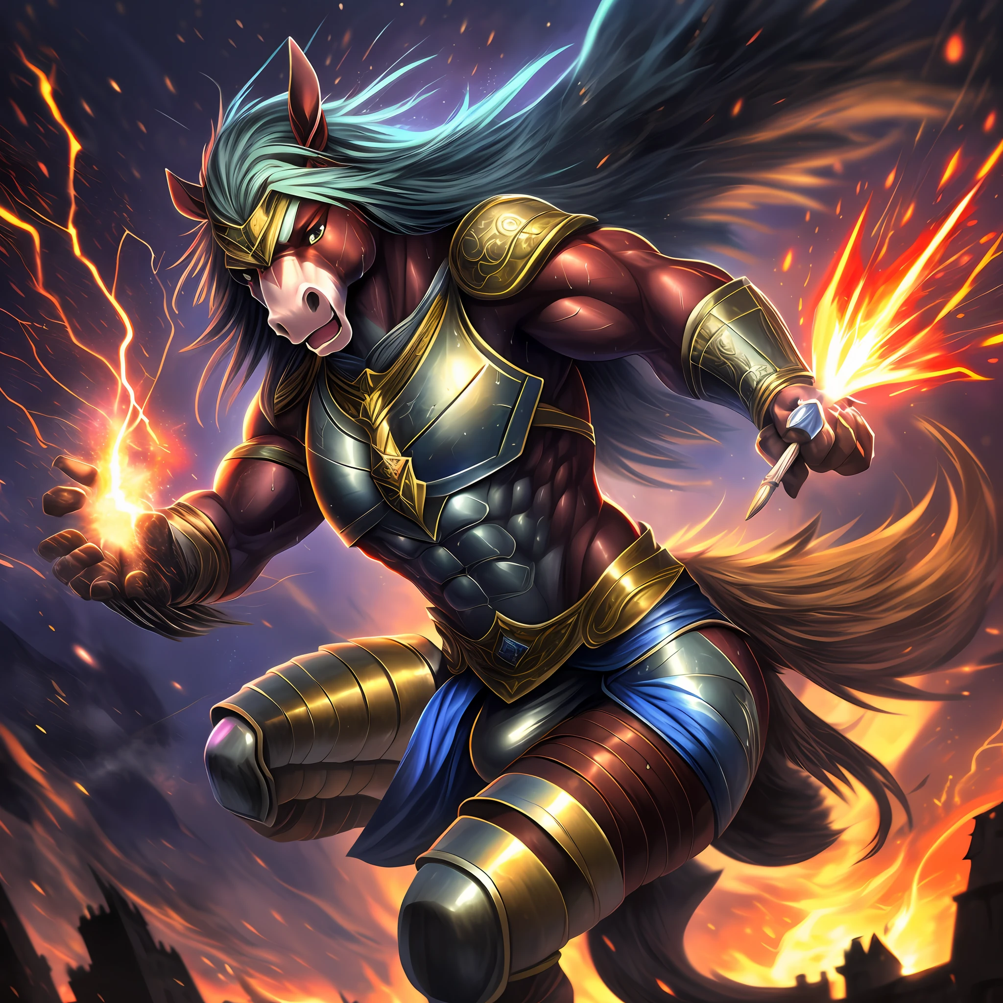 top quality, high-quality illustrations, the beautiful depiction of light seen in Vermeer's works, the intricate portrayal of muscles found in Michelangelo's works, Landscapes inspired by biblical themes depicted by Leonardo da Vinci, masterpiece, dark fantasy, castle, gatekeeper, absurdres, Perfect Anatomy((kemono, beastman, solo focus, bulge in the crotch))(Anthro:1.7)((horse facial features, horse body features))(detailed muscles))full body(Fighting Pose) Armor, Spear, Medieval Warrior, (dense sweat:1.4), casting lightning, electricity, swirling fire, radiating power, sparks, smoke, magic, ((dramatic)), epic, battlefield, depth of field, bokeh, 4k, gothic, ember, particles,