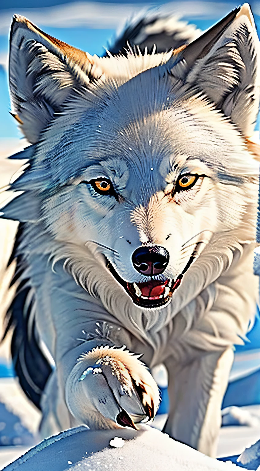 An arctic wolf siens，White hair，The eyes are fierce，Tooth grinned，Strong，年轻，The background is the Arctic、ice field，Extremely cold weather，Long-range shots，In the daytime