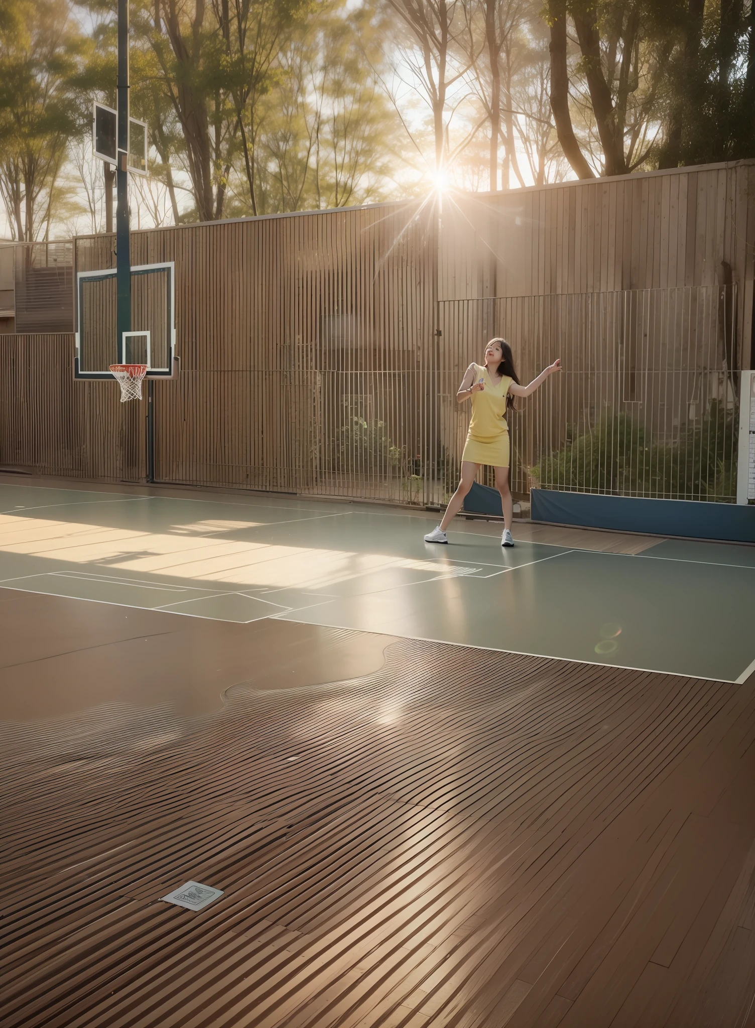 (8k, highest quality, masterpiece: 1.2), (realistic, photorealistic: 1.37), ultra detail, top quality, ultra high resolution, professional lighting, photon mapping, radiosity, physically based rendering, cinematic lighting, basketball court, depth of field, focusing, sun rays, good composition, (bokeh: 1.2), 1 girl, (full body), ( Mouth Closed), Beautiful Eyes,Pose,Constricted,Black Hair,Unkempt Hair,Long Hair Fluttering in the Wind,(ulzzang-6500:1.2) mix4, hiqcgbody