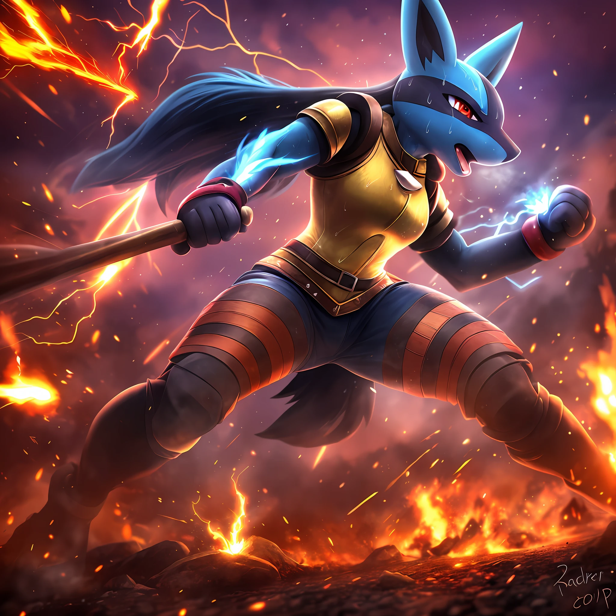 (high definition:1.3),((masterpiece)),best quality, (max quality),high resolution,high details,Lucario, full body(Fighting Pose) Armor, Spear, Medieval Warrior, (dense sweat:1.4), casting lightning, electricity, swirling fire, radiating power, sparks, smoke, magic, ((dramatic)), epic, battlefield, depth of field, bokeh, 4k, gothic, ember, particles,