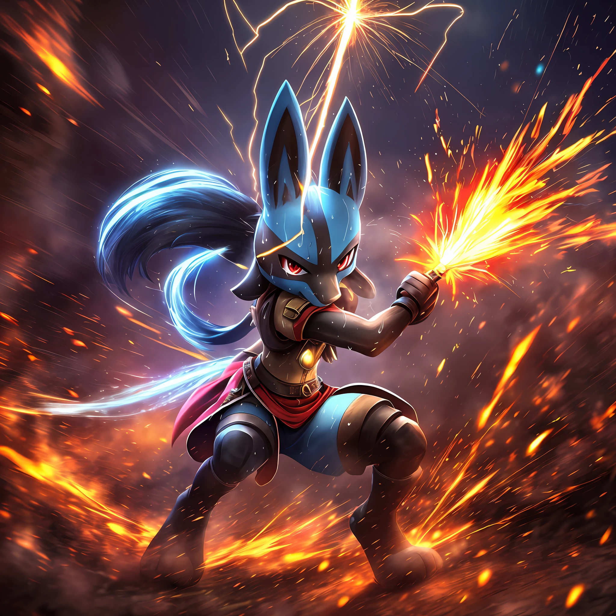 (high definition:1.3),((masterpiece)),best quality, (max quality),high resolution,high details,Lucario, full body(Fighting Pose) Armor, Spear, Medieval Warrior, (dense sweat:1.4), casting lightning, electricity, swirling fire, radiating power, sparks, smoke, magic, ((dramatic)), epic, battlefield, depth of field, bokeh, 4k, gothic, ember, particles,
