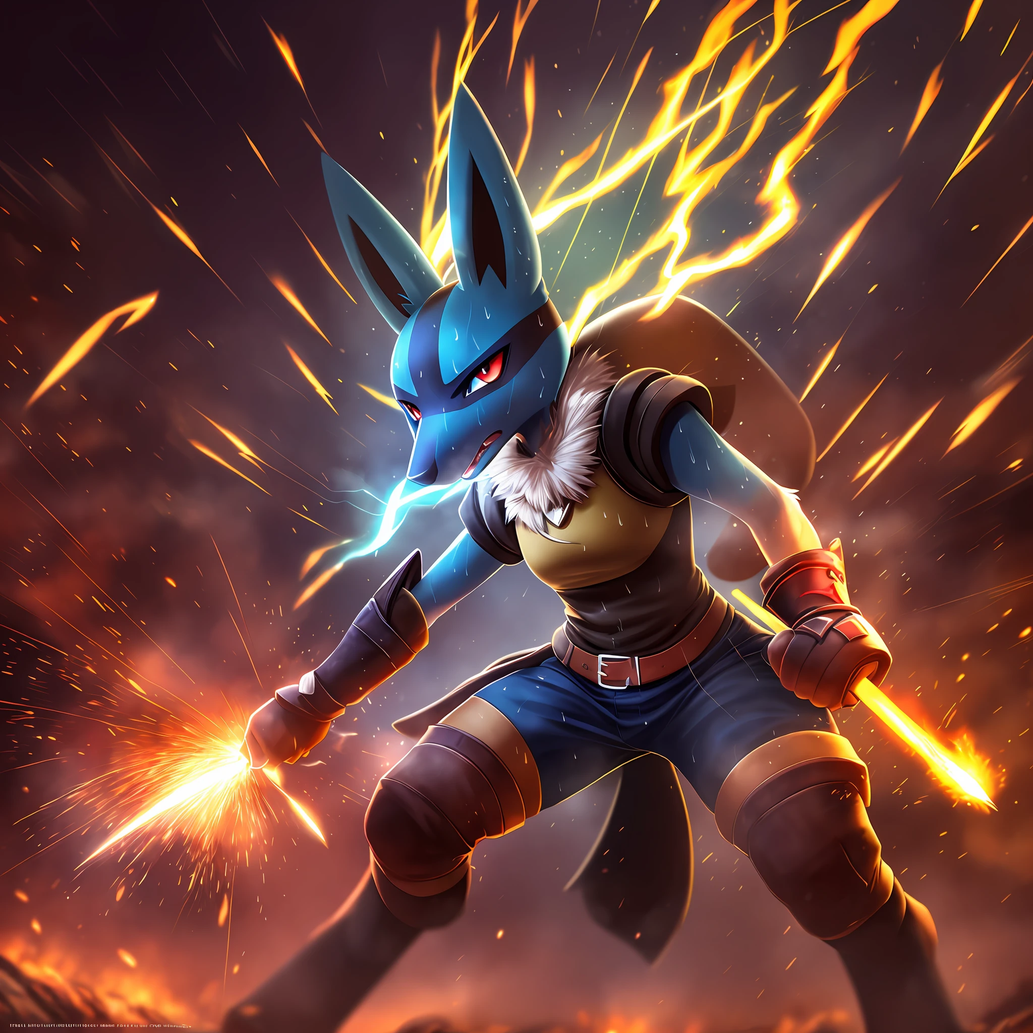 (high definition:1.3),((masterpiece)),best quality, (max quality),high resolution,high details,Lucario, full body(Fighting Pose) Armor, Spear, Medieval Warrior, (dense sweat:1.4), casting lightning, electricity, swirling fire, radiating power, sparks, smoke, magic, ((dramatic)), epic, battlefield, depth of field, bokeh, 4k, gothic, ember, particles,