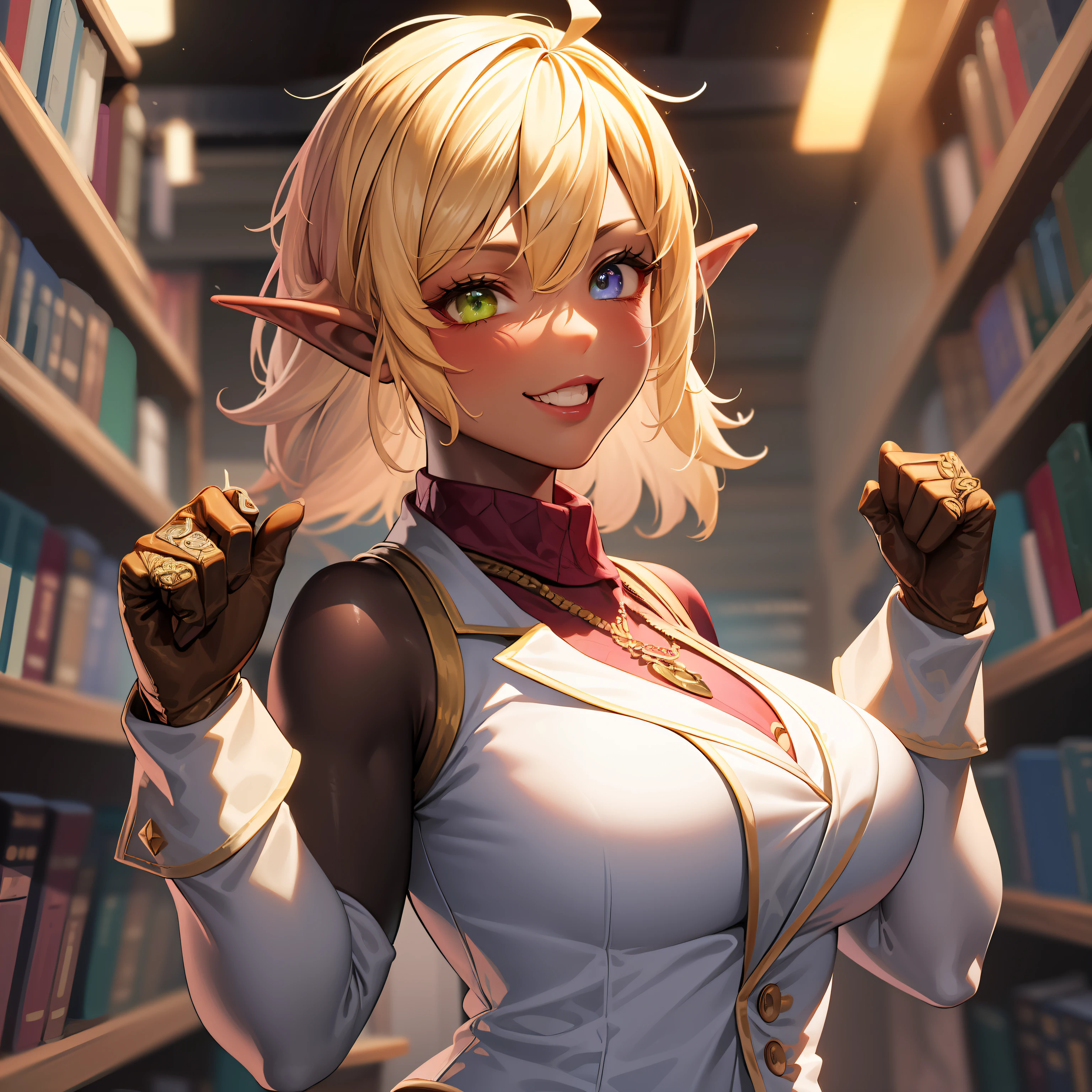 hight resolution, foco nítido, pixiv's masterpiece, ((intricate detailes)), highly detaile, pointy ear, Heterochromia, 独奏, blonde  hair, gloves, Green eyes, Blue Eye, Ahoge, 1girl in, shorth hair, Red Shirt, vests, Long sleeve, Brown gloves, elvish, Dark skinned, White pants、The background is the library、Adults、morpheus、E-cup、Aura of Overlord、during a meal、Fill your mouth、