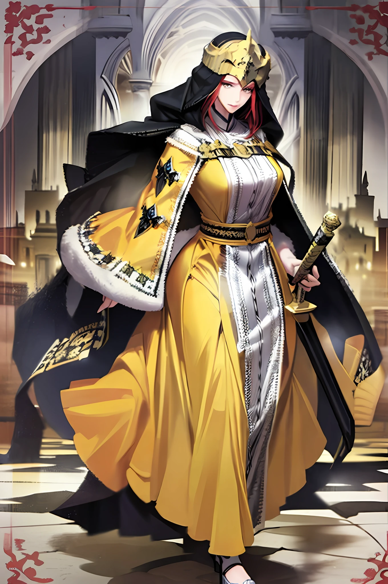 tsubaki yayoioi , blazblue, red hair, green eyes, long hair, tall female, warrior, sword, medieval, twin braids, priestess, holy, holy helmet, medium breasts, yellow cape, stylised helmet, light smile, full body, gold,european cloths, medieval , england, full body, christian, walking, solo focus, holding weapon, long skirt