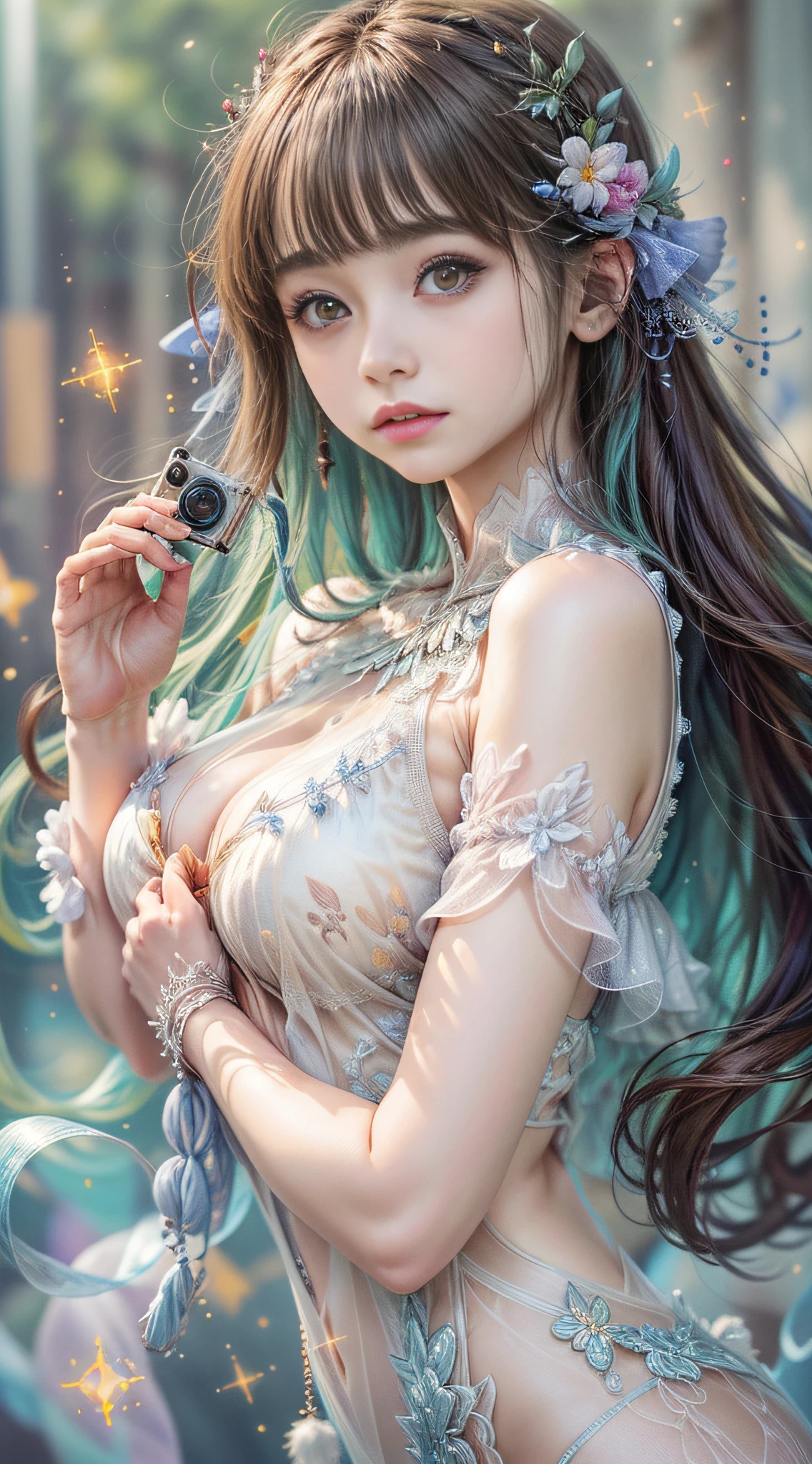 Beautiful girl story wrapped in love, Beautiful eye details, A captivating anime girl gracefully emerges from the pages of a watercolor painting, Her vivid and complex colors are, Bring your artwork to life, (see-through transparent clothes, transparent costume:1.5), She dons an extraordinary fantasy costume adorned with delicate details, reflecting the enchanting world she inhabits, Luminescent elements, like glowing crystals and ethereal wisps, surround her, casting a soft, otherworldly glow, The style of watercolor painting is、Imbues the image with a sense of fluidity and delicacy, as if the colors are effortlessly blending and bleeding into one another, Camera shot: medium shot, Soft Focus, luminescent glow Lighting, watercolor brushstrokes, Sophisticated and very delicate anime illustration, unique colors, Portrait of an anime girl, infinite love, rainbow-colored, beautiful girl illuminated by seven colors of light,