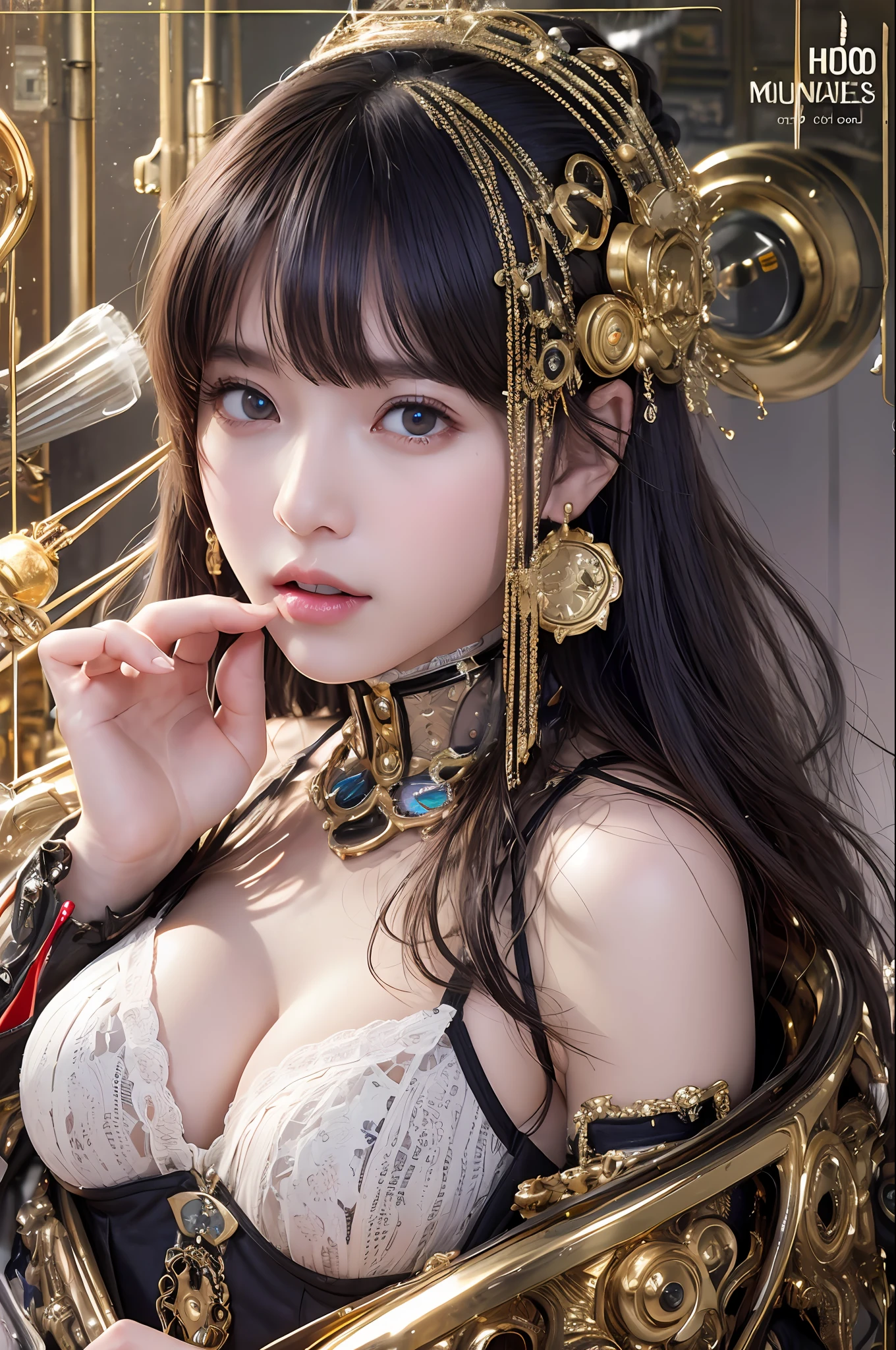 beste-Qualit、masterpiece、Super-High Resolution、(photorealisitc:1.4)、Raw photo、1人、Black hair、glowy skin、Steampunk Girl、((Ultra Realistic Detail))、portlate、Global Illumination、Shadow、octan render、in 8K、ultrasharp、hugetits、Raw skin is exposed in cleavage、Details of complex ornaments、Gothloli details、Glass Parts、Glass Tube、Glass cover、Luminous tube、Nixie Kan、vacuum tubes、Analog Meter、Golden hydraulic cylinder、highly intricate detail、Realistic light、CGSoation Trends、purple-eyed、radiant eyes、Facing the camera、neon details、Mechanical limbs、blood vessels connected to tubes、Mechanical vertebrae attached to the back、mechanical cervical attaching to neck、sitting on、Wires and cables connecting to the head、Small LED lamp、