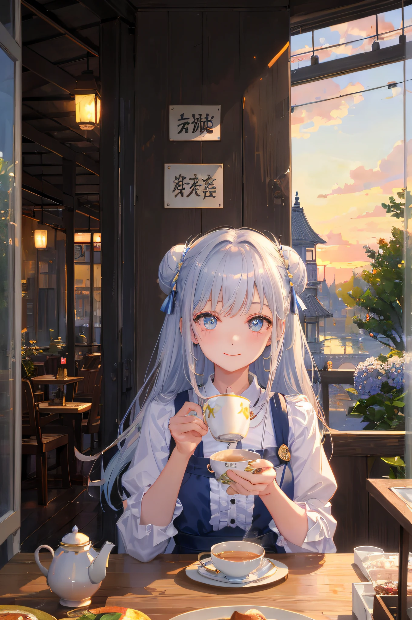(masterpiece、high detailled、逼真)、Sunset、Drinking tea at the café table、1girl in, 独奏, has silver hair:1.4、Bun、hair pin、pale blue color eyes、A smile、Yellow rain feathers、hortensia、depth of fields、blurry backround、