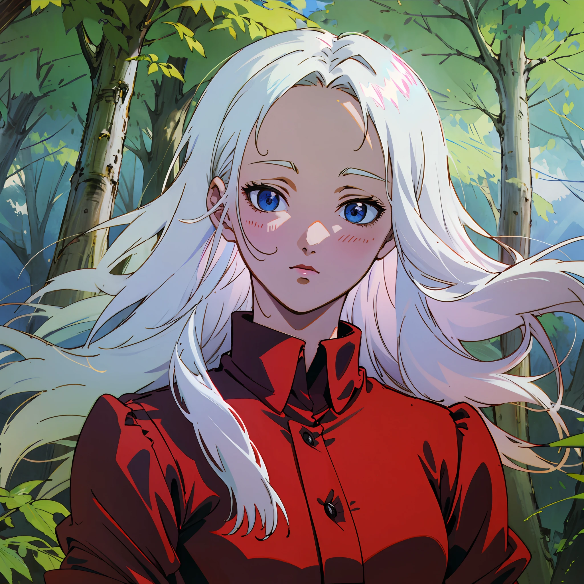 white colored hair, forehead, Long hair, blue eyes, Red shirt, the wind, forest on background