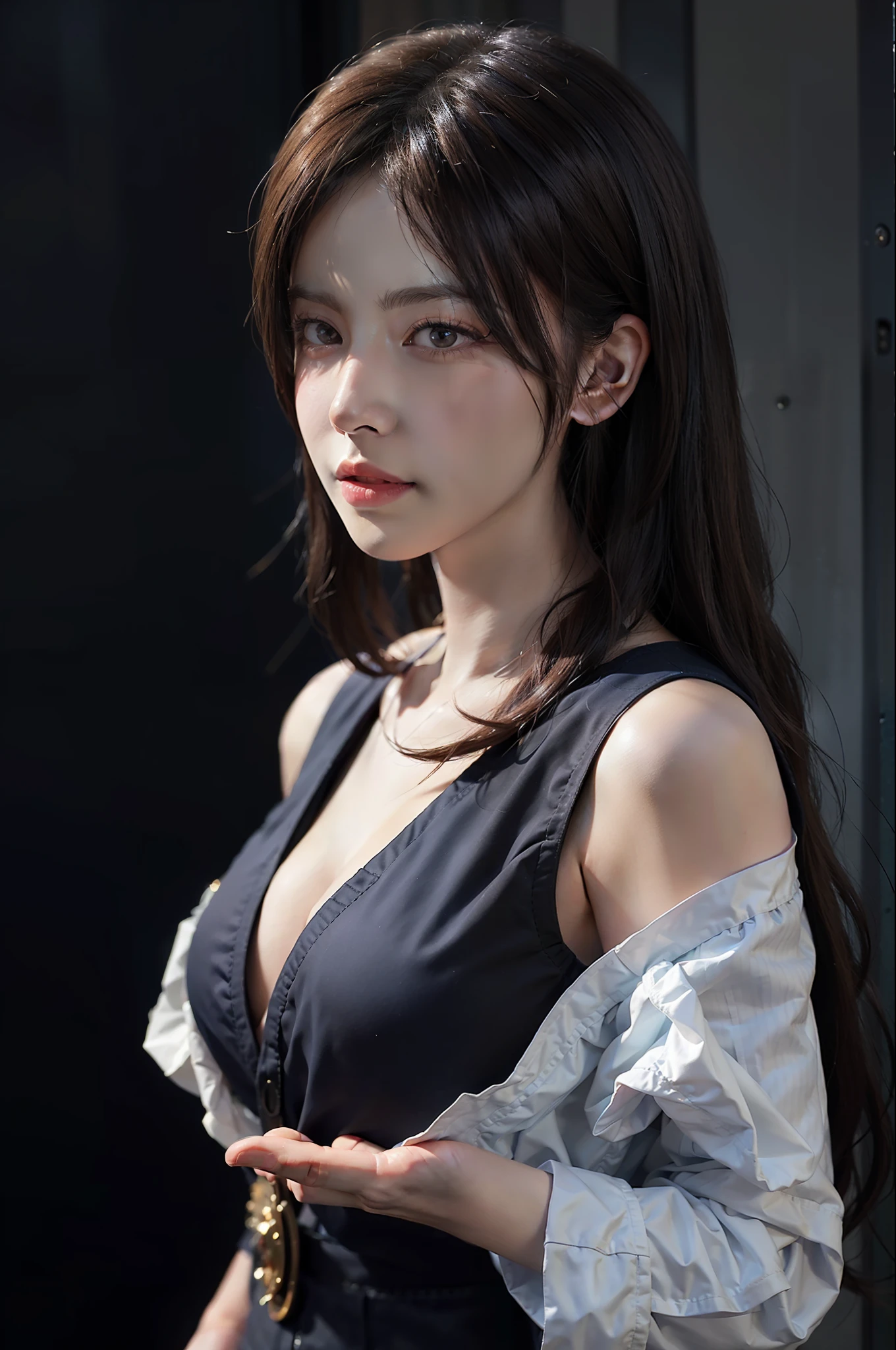 Hyperrealist portrait of female by david hockney and alphonse mucha,fantasy art, photo realistic, dynamic lighting, artstation, poster, volumetric lighting, very detailed faces, 4 k, award winning,, 1girl, in the dark, deep shadow, low key,cowboy shot,(official clothing:1.4) ,long hair,white hair,