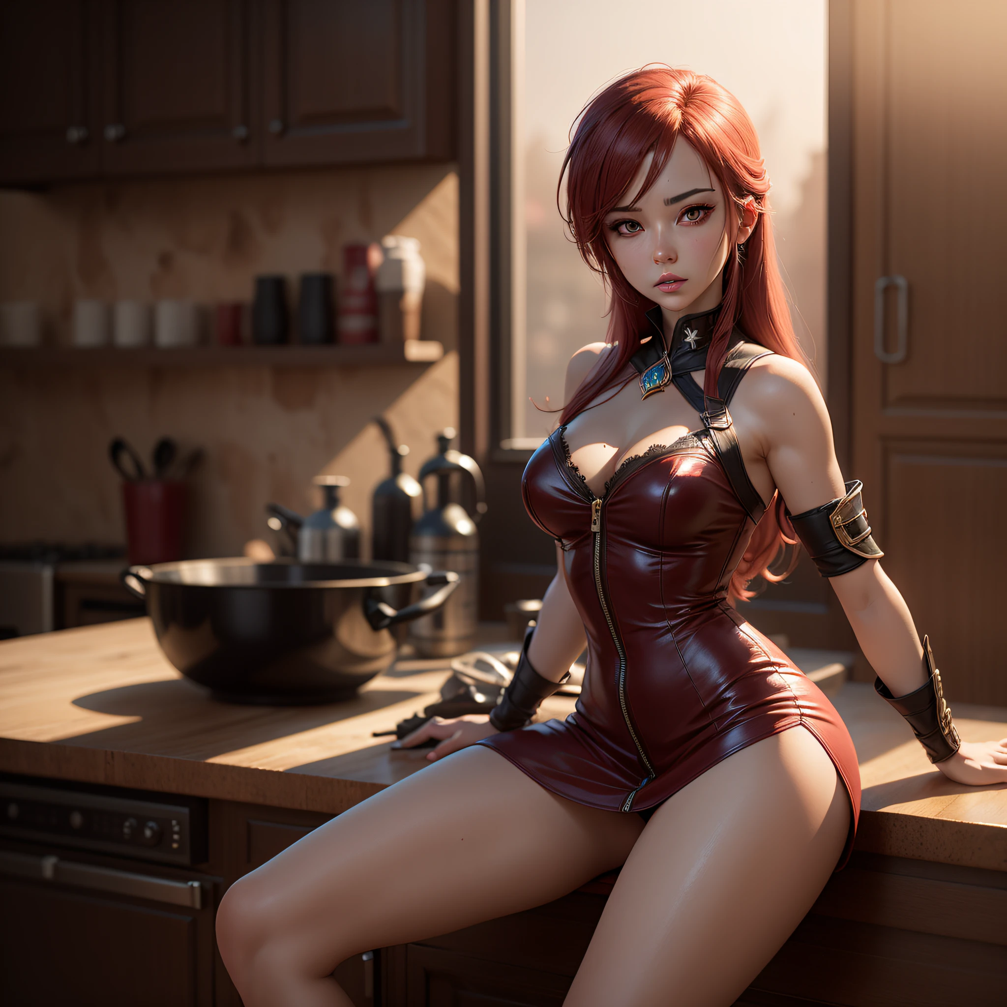 UHD, masterpiece, super detail, high details, high quality, best quality, highres, 4K, anime - style woman in red leather dress sitting on counter in kitchen, photorealistic anime girl render, realistic anime 3 d style, 3 d anime realistic, katarina from league of legends, seductive anime girl, 3 d render character art 8 k, trending on cgstation, cinematic bust shot, hyper realistic anime, realistic fantasy render, photorealistic perfect body, photorealistic anime