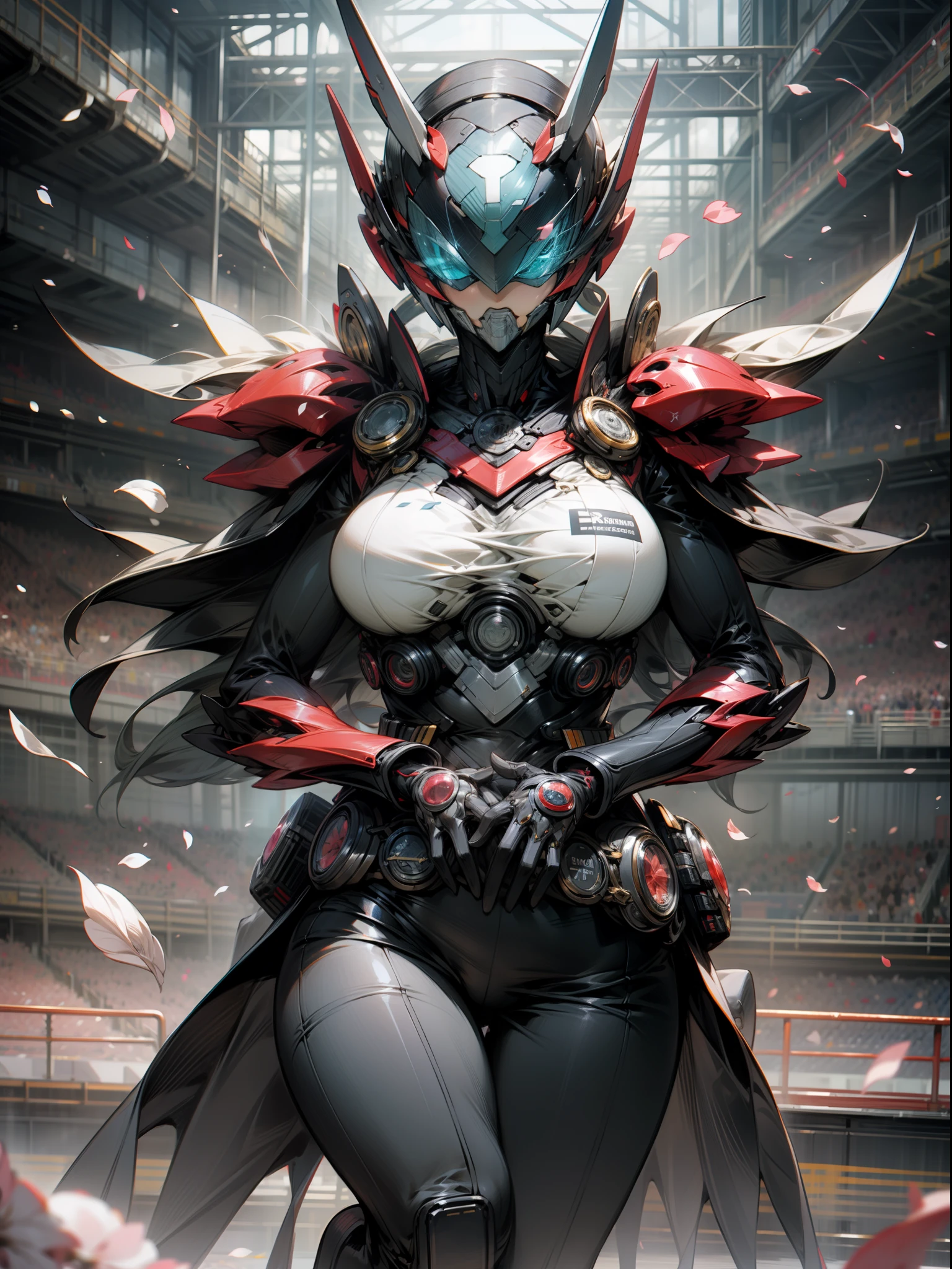 Kamen Rider Lady、Ultras　huge bust、super huge huge huge ????????????,Saitama Super Arena background、to jump、kick、Petals scattered、huge huge huge huge huge ??????????,