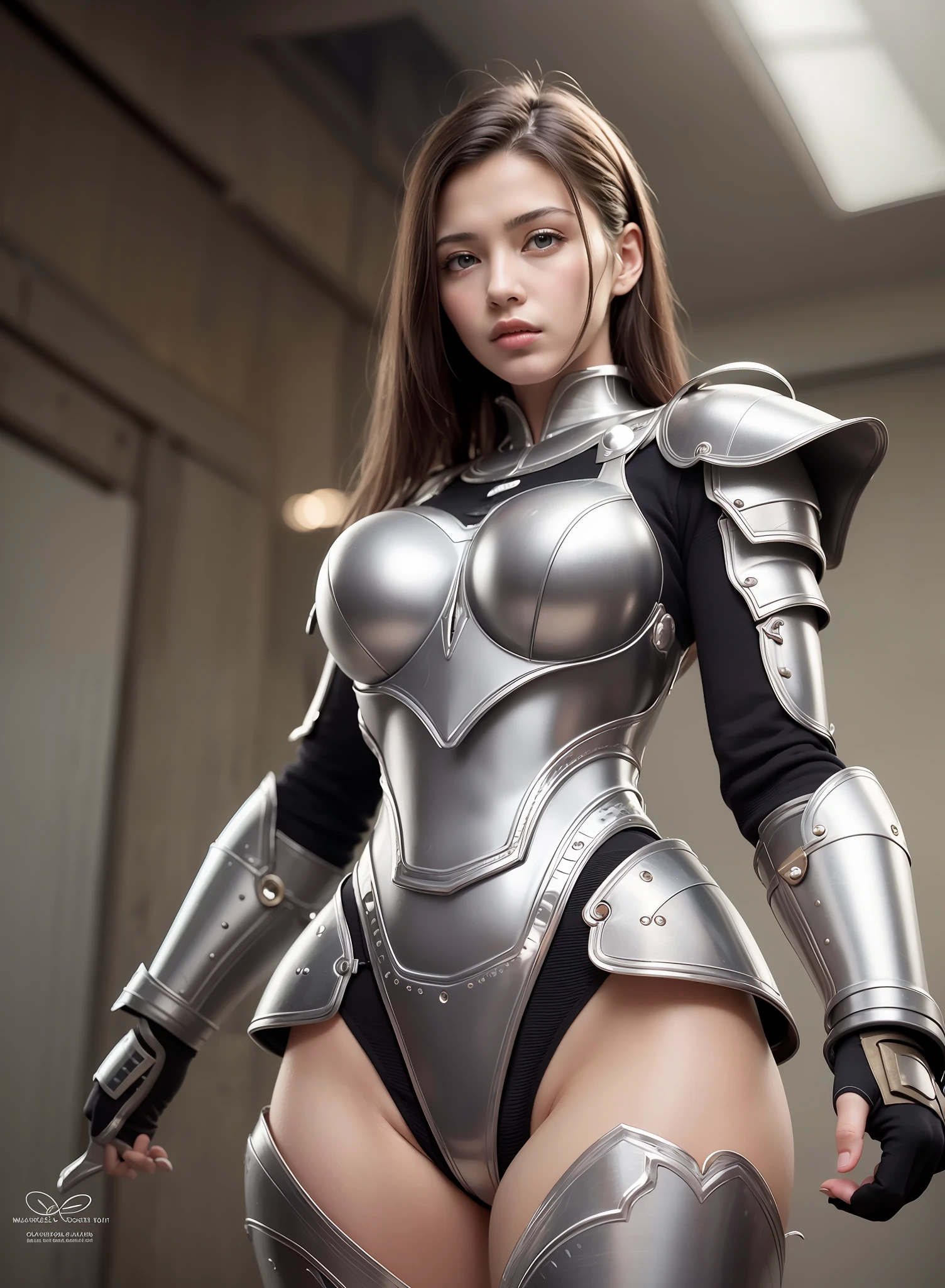 (masterpiece), (best quality), photorealism, realistic, ultra detailed, perfect face, perfect body, 1girl, beautiful girl, girl in whie armor, mechanical armor, exoskeleton, stand, cool pose, sexy, view from below