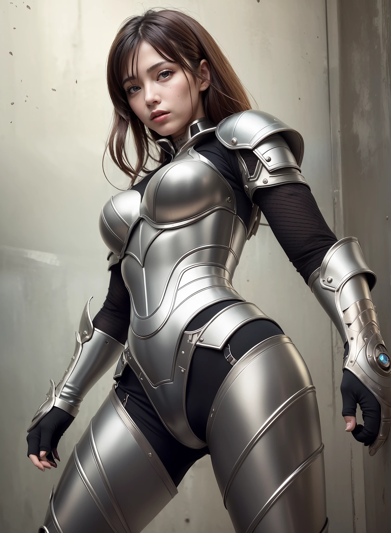 (masterpiece), (best quality), photorealism, realistic, ultra detailed, perfect face, perfect body, 1girl, beautiful girl, girl in whie armor, mechanical armor, exoskeleton, stand, cool pose, sexy, view from below