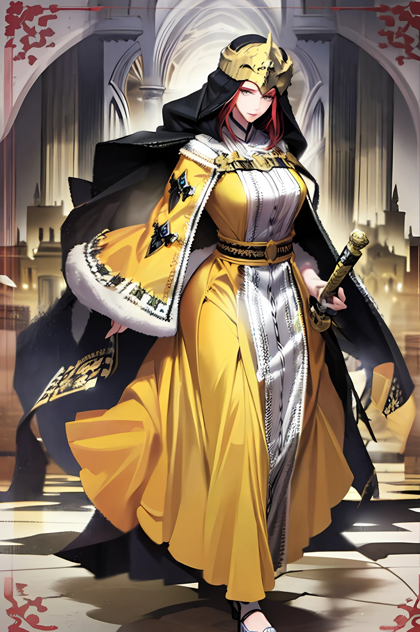 tsubaki yayoioi , blazblue, red hair, green eyes, long hair, tall female, warrior, sword, medieval, twin braids, priestess, holy, holy helmet, medium breasts, yellow cape, stylised helmet, light smile, full body, gold,european cloths, medieval , england, full body, christian, walking, solo focus, holding weapon, long skirt