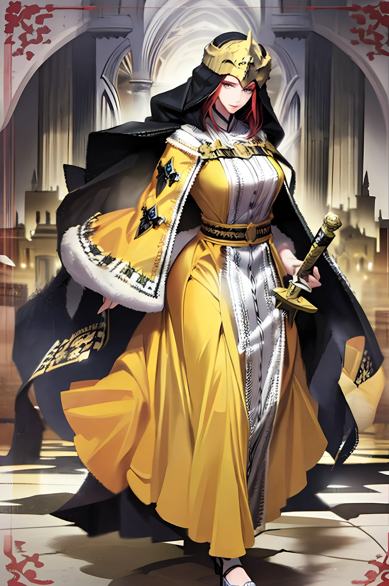 tsubaki yayoioi , blazblue, red hair, green eyes, long hair, tall female, warrior, sword, medieval, twin braids, priestess, holy, holy helmet, medium breasts, yellow cape, stylised helmet, light smile, full body, gold,european cloths, medieval , england, full body, christian, walking, solo focus, holding weapon, long skirt