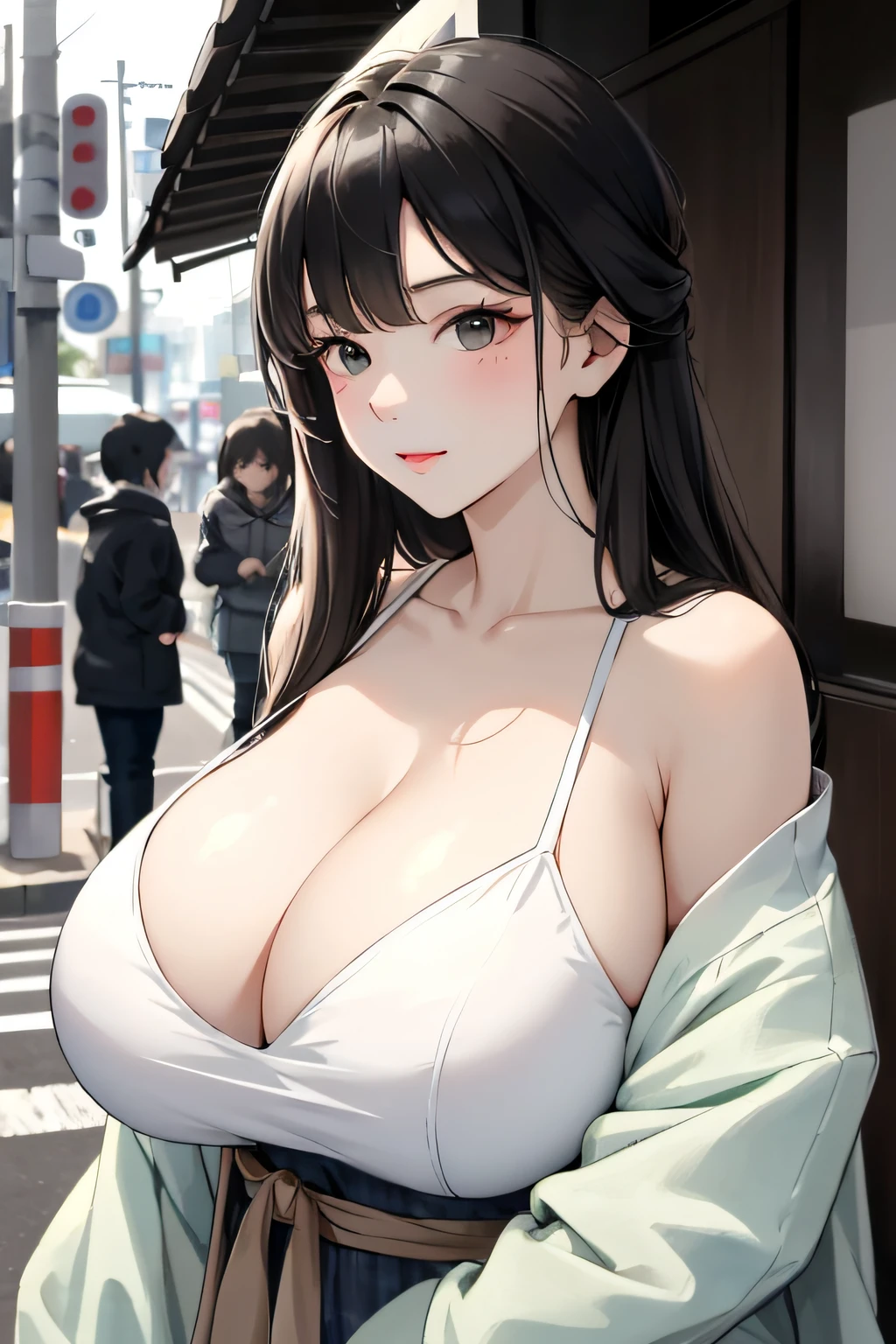 A girl who looks like a marshmallow，独奏，Portrait of an 18-year-old woman on the street，Detailed Tokyo Street，exteriors，A city scape，gigantic cleavage breasts，Performances with