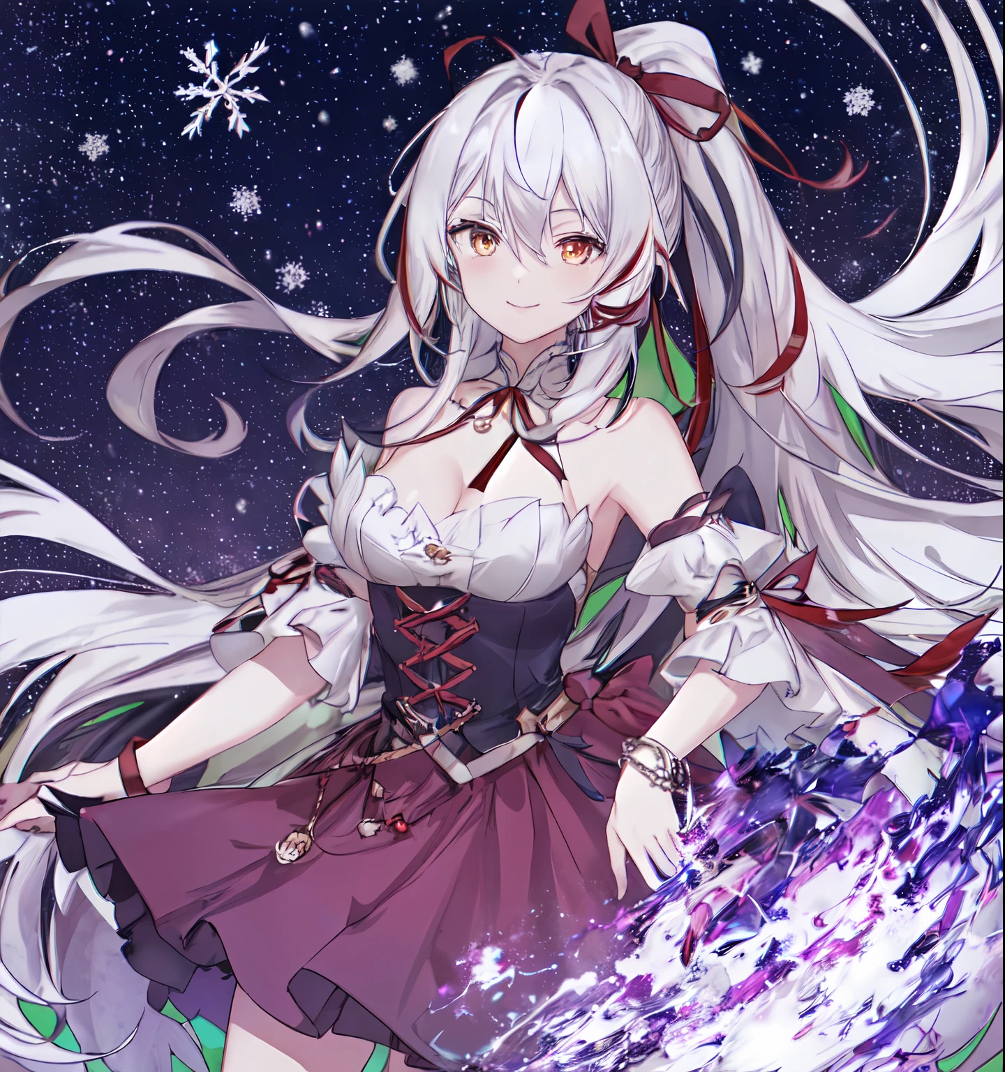1girl, solo, breasts, long hair, multicolored hair, looking at viewer, ponytail, dress, cleavage, red hair, bracelet, white hair, jewelry, yellow eyes, red ribbon, smile, hair ribbon, hair between eyes, bare shoulders, ribbon, medium breasts, bangs, closed mouth, black hair, detached sleeves, skirt, Snow, dreamlike, light,