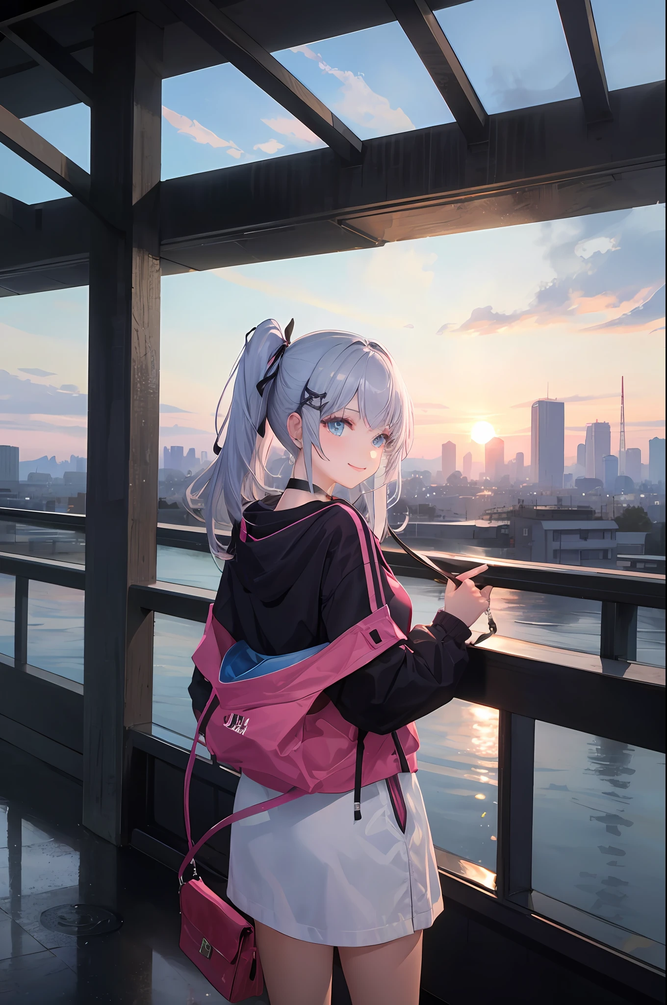 (​masterpiece、high detailled、realisticlying)、City_Pop、Sunset、Bustling street、inside of a car、1girl in, 独奏, has silver hair:1.4、Midhairer、Side tail、Black ribbon hair ornament、pale blue color eyes、A smile、Sporty clothing、Choker with keyhole、depth of fields、blurry backround、sideshot