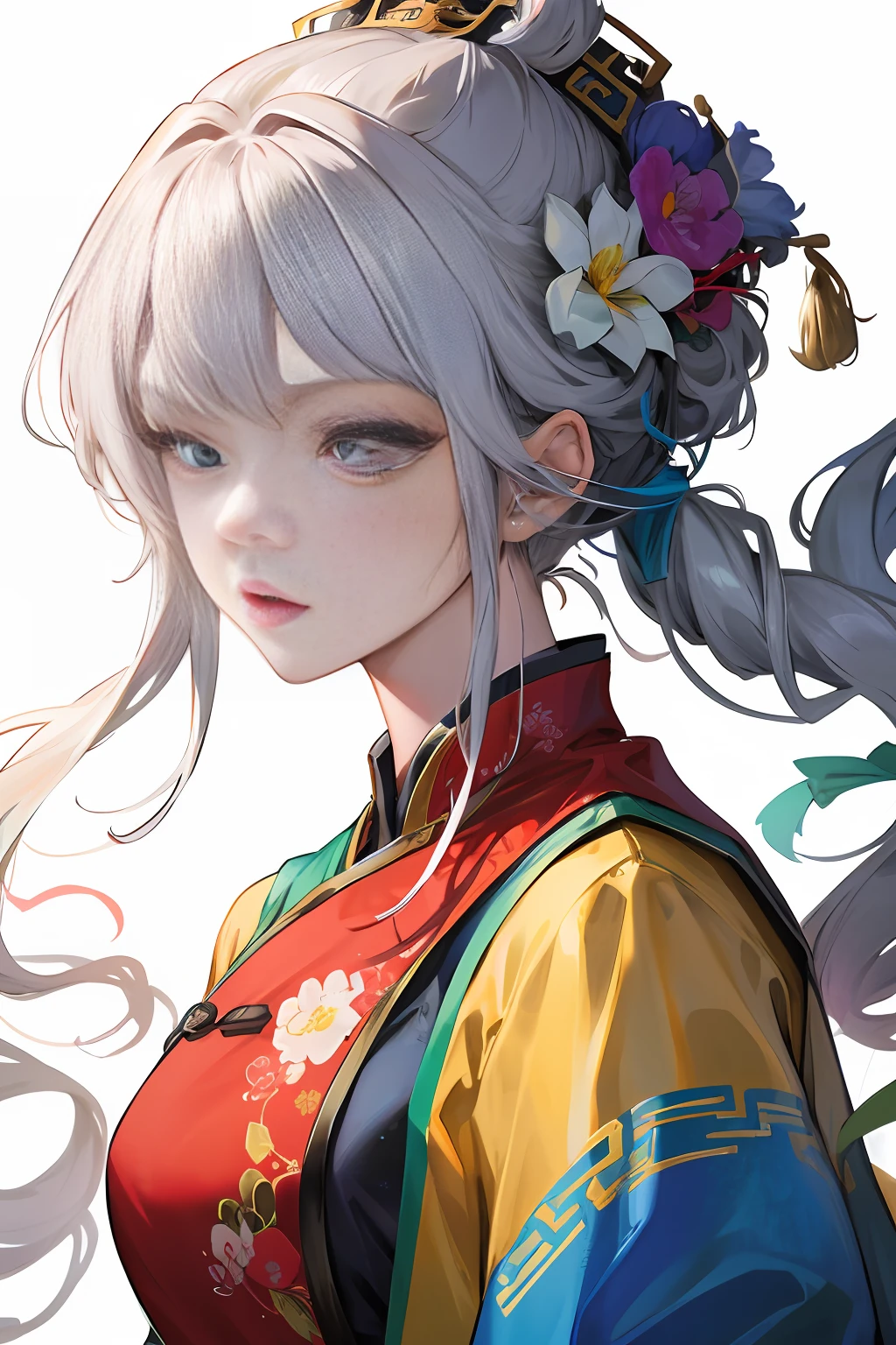 A girl, ancient Chinese costume, whole body, sunshine, clear face, clean white background, masterpiece, super detail, epic composition, ultra HD, high quality, extremely detailed, official art, uniform 8k wallpaper, super detail, 32k
