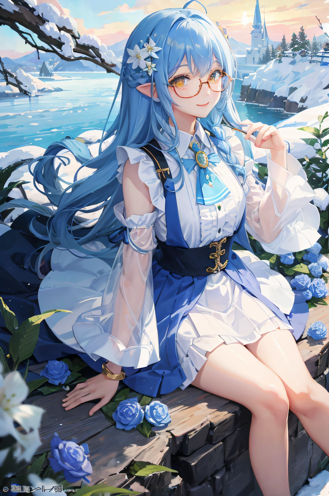 (masterpiece、high detailled、realisticlying)、Land of ice and snow、1girl in, 独奏, Ahoge、lightblue hair:1.4、Longhaire、Side braided、Blue flower hair ornament、yellow eyes、lipsticks、A smile、White shirt with collar、Blue Gemstone Brooch、Parted sleeves、Pill glasses:1.3、Elven ears、depth of fields、blurry backround、sideshot