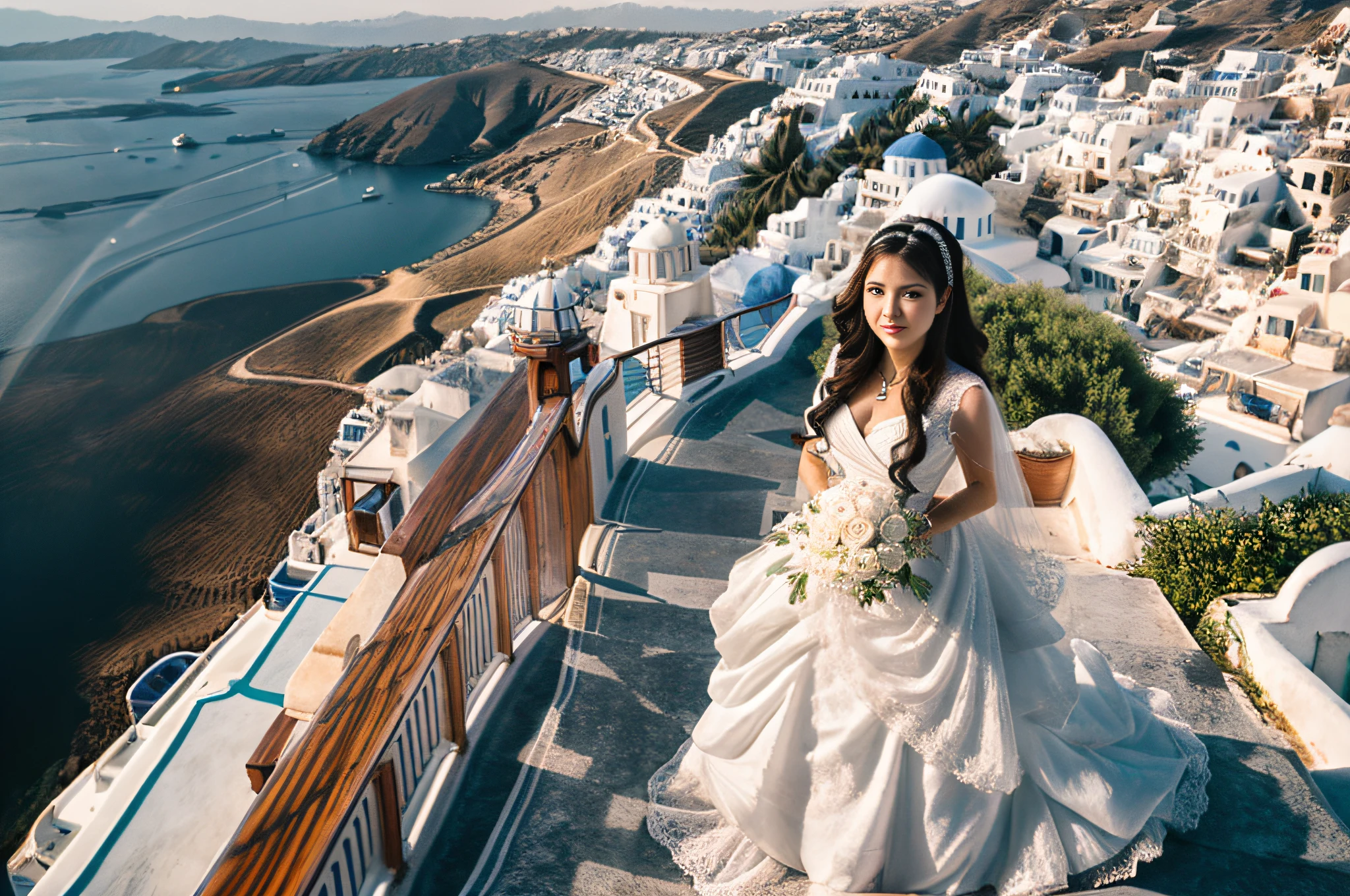 professional wedding photography, (Masterpiece), (intriciate detail), (photorealestic:1.3), (film grain:1.3), (perfect anatomia:1.3), break, On a luxury cruise ship, in the background of Santorini, break, a romantic photoshoot of a handsome man and cute woman couple), wearing elegant outfits